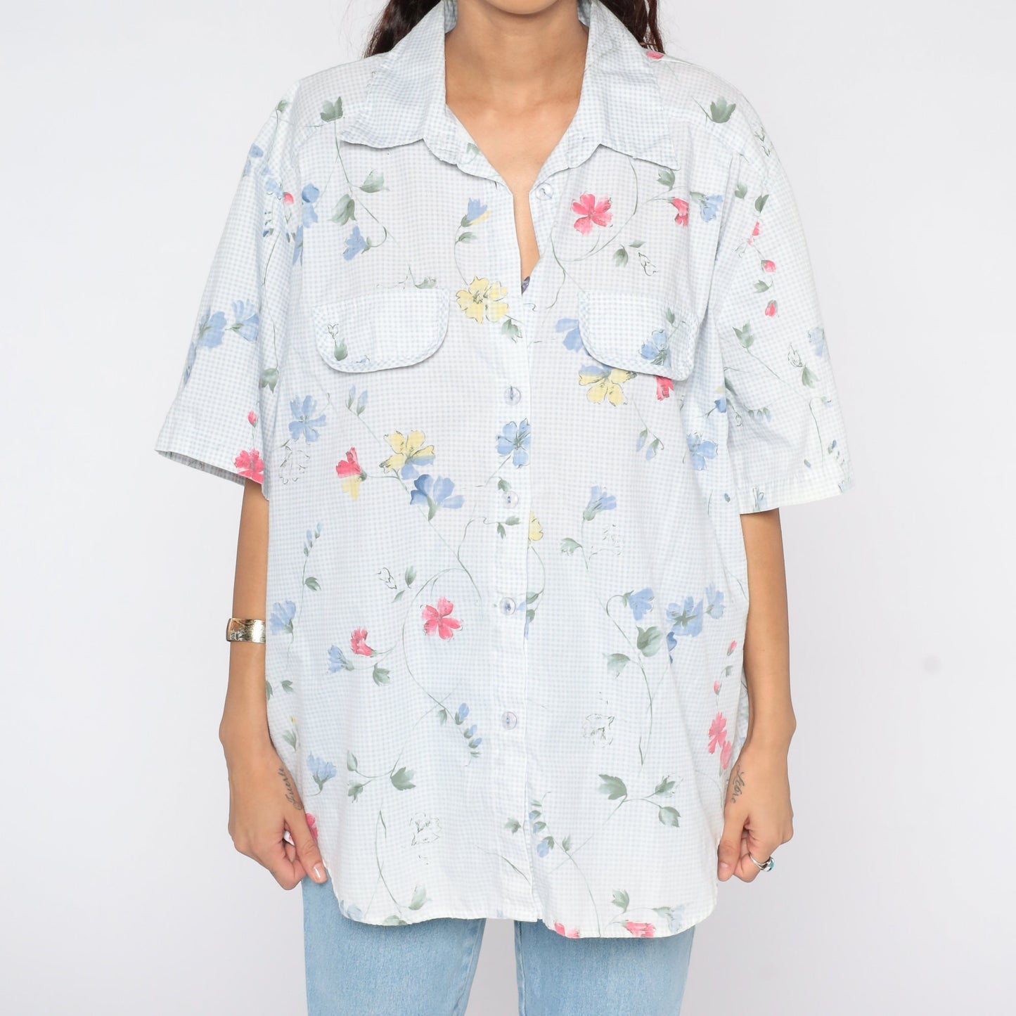 90s Floral Button-Up Blouse Blue Gingham Short Sleeve Shirt Plus Size 20W