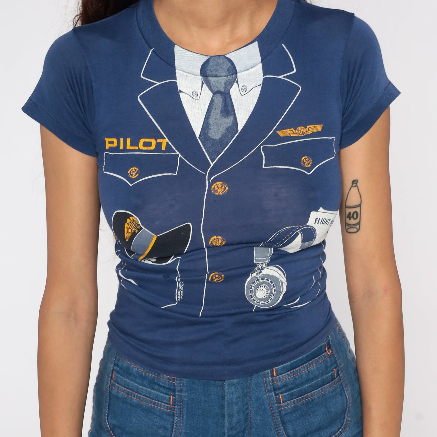 80s Pilot Uniform Graphic T-Shirt Distressed Cotton Single Stitch Extra Small
