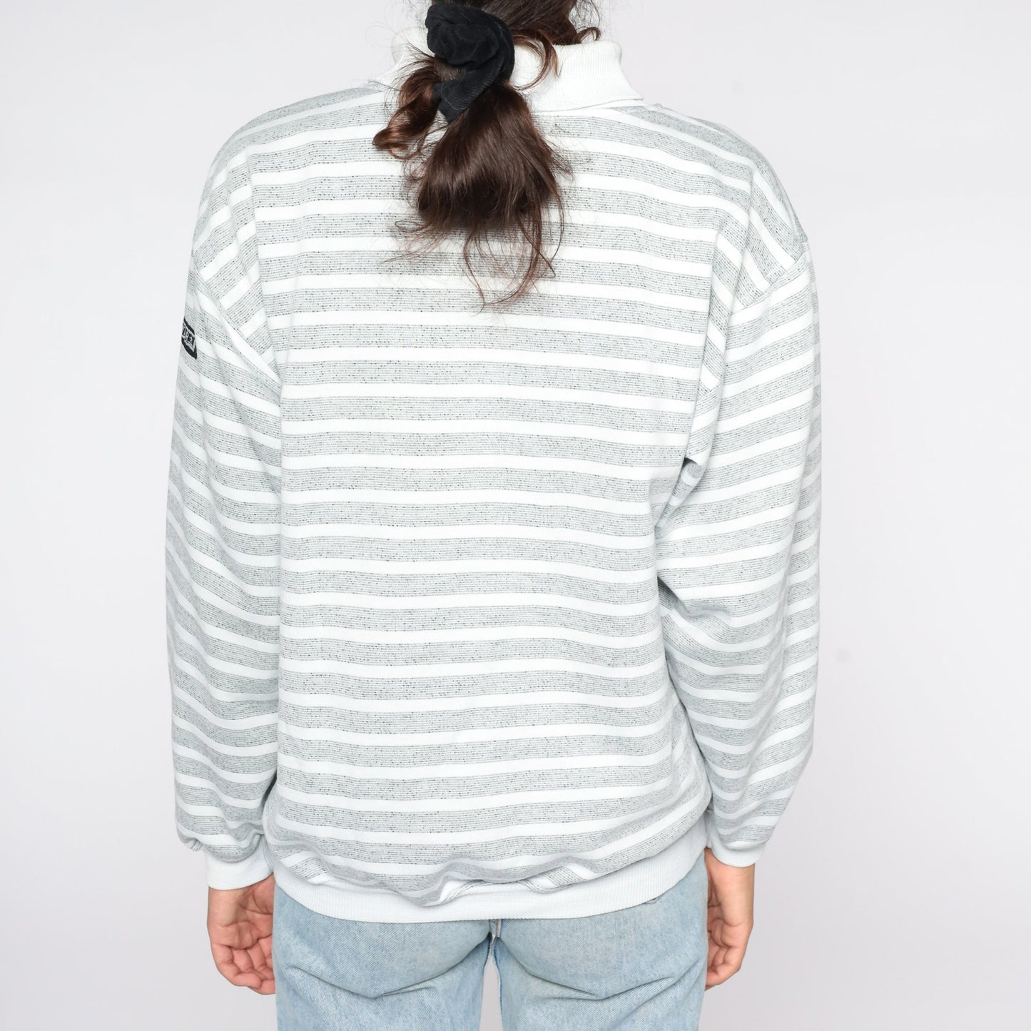 80s Striped Mock Neck Sweatshirt White Grey Pullover Medium