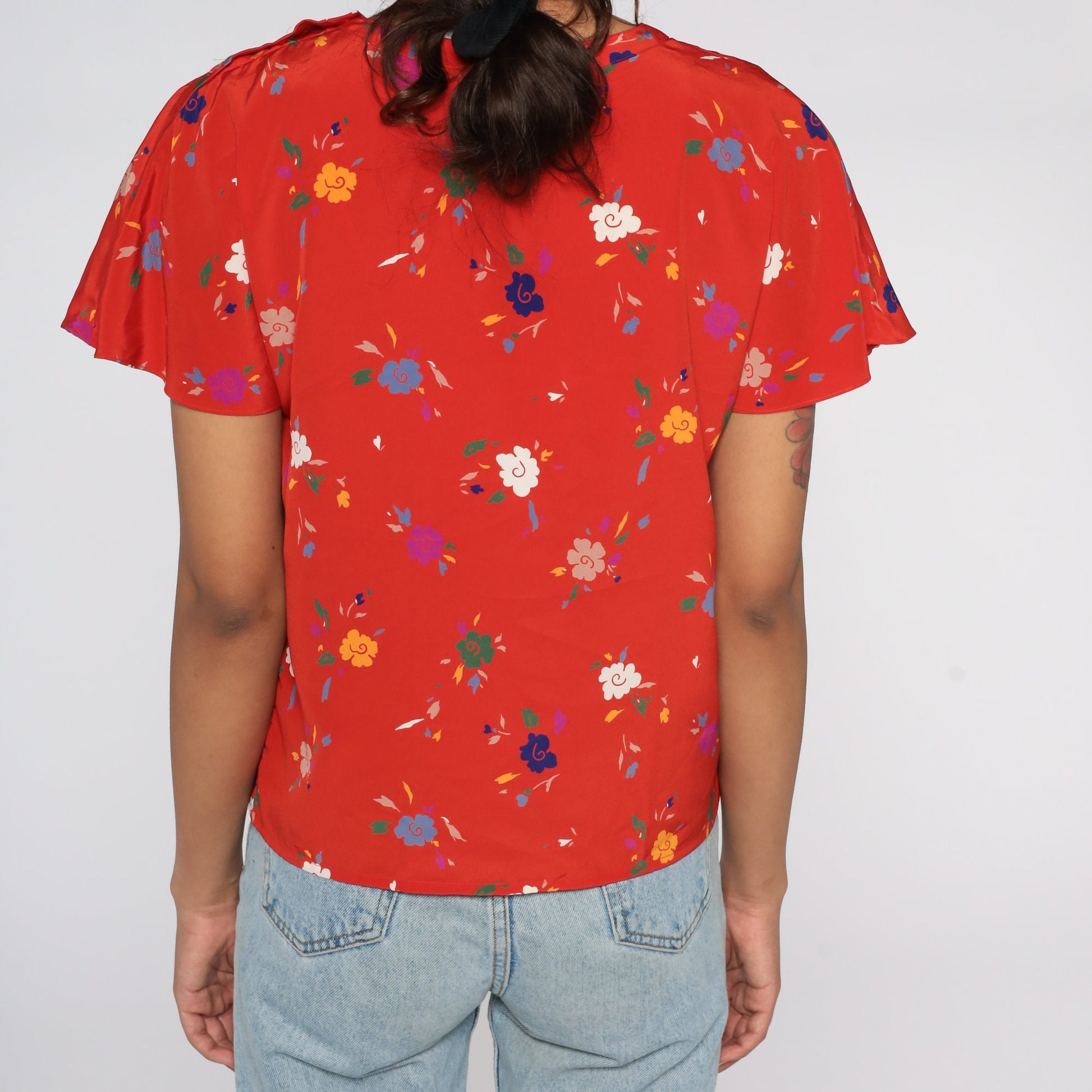 80s Red Floral Flutter Sleeve Blouse Short Sleeve Shirt Small
