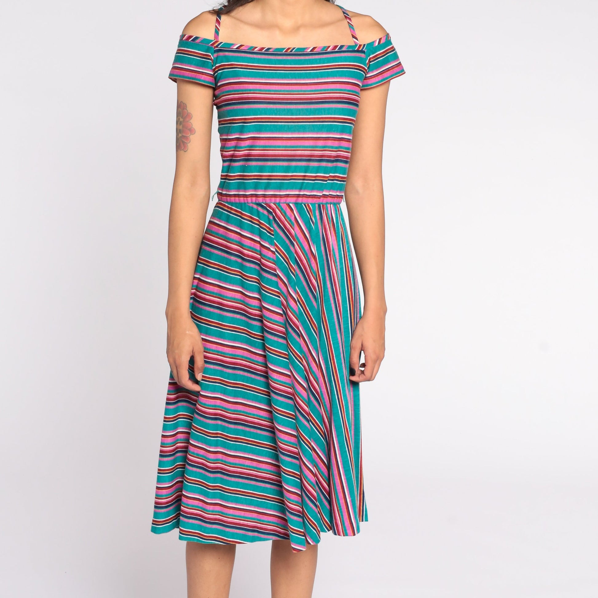 70s Teal Striped Midi Dress Off-Shoulder Criss-Cross Straps Extra Small