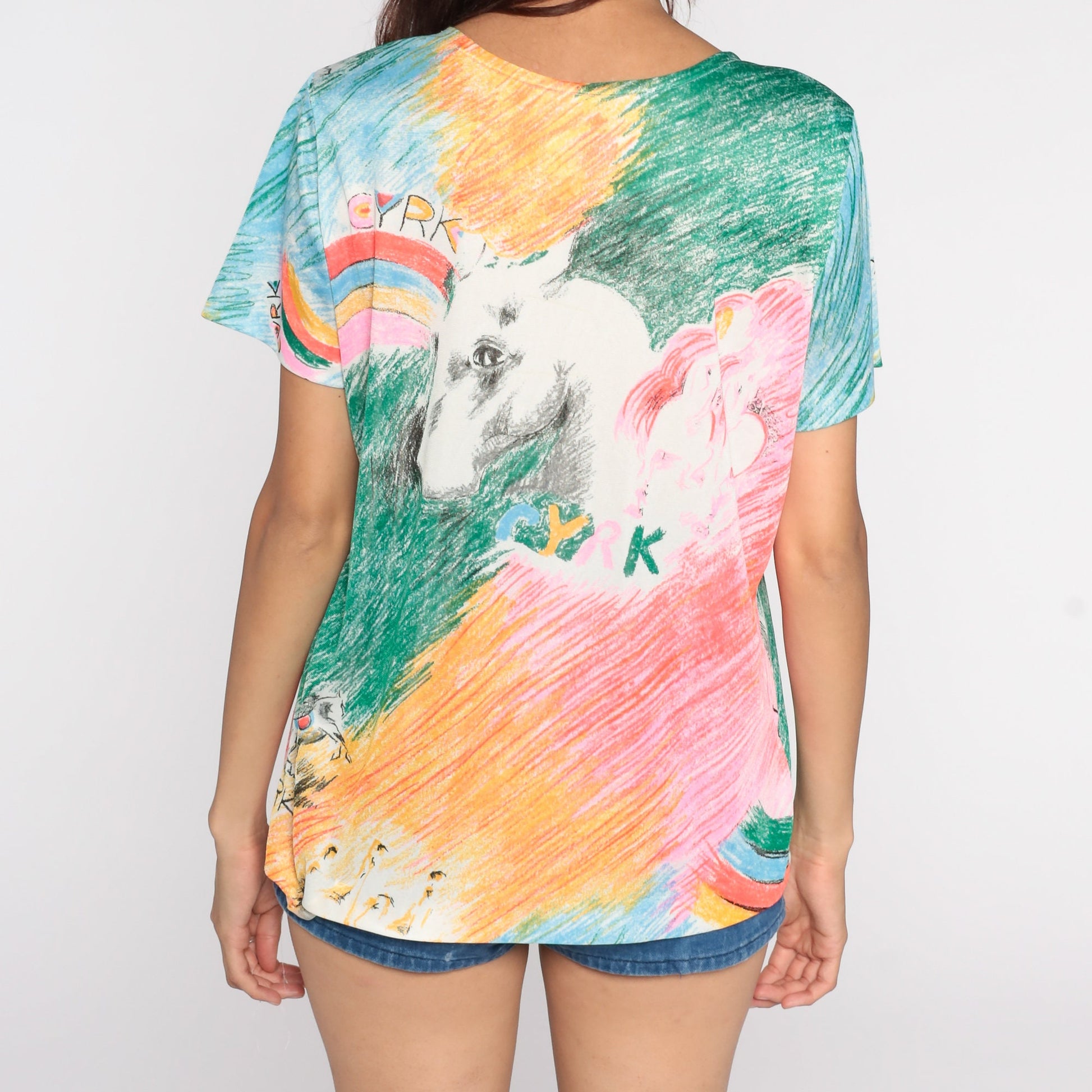 70s Cyrk Art Horse Rainbow Shirt Tunic Top Short Sleeve Large L
