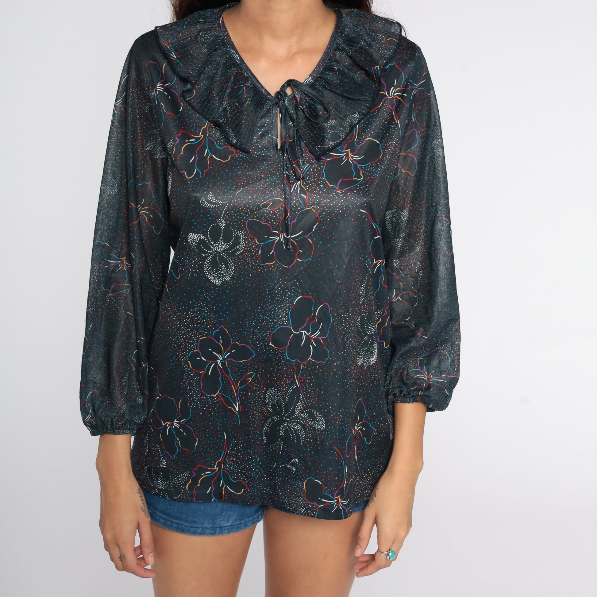 70s Black Floral Keyhole Blouse Long Sleeve Shirt Medium