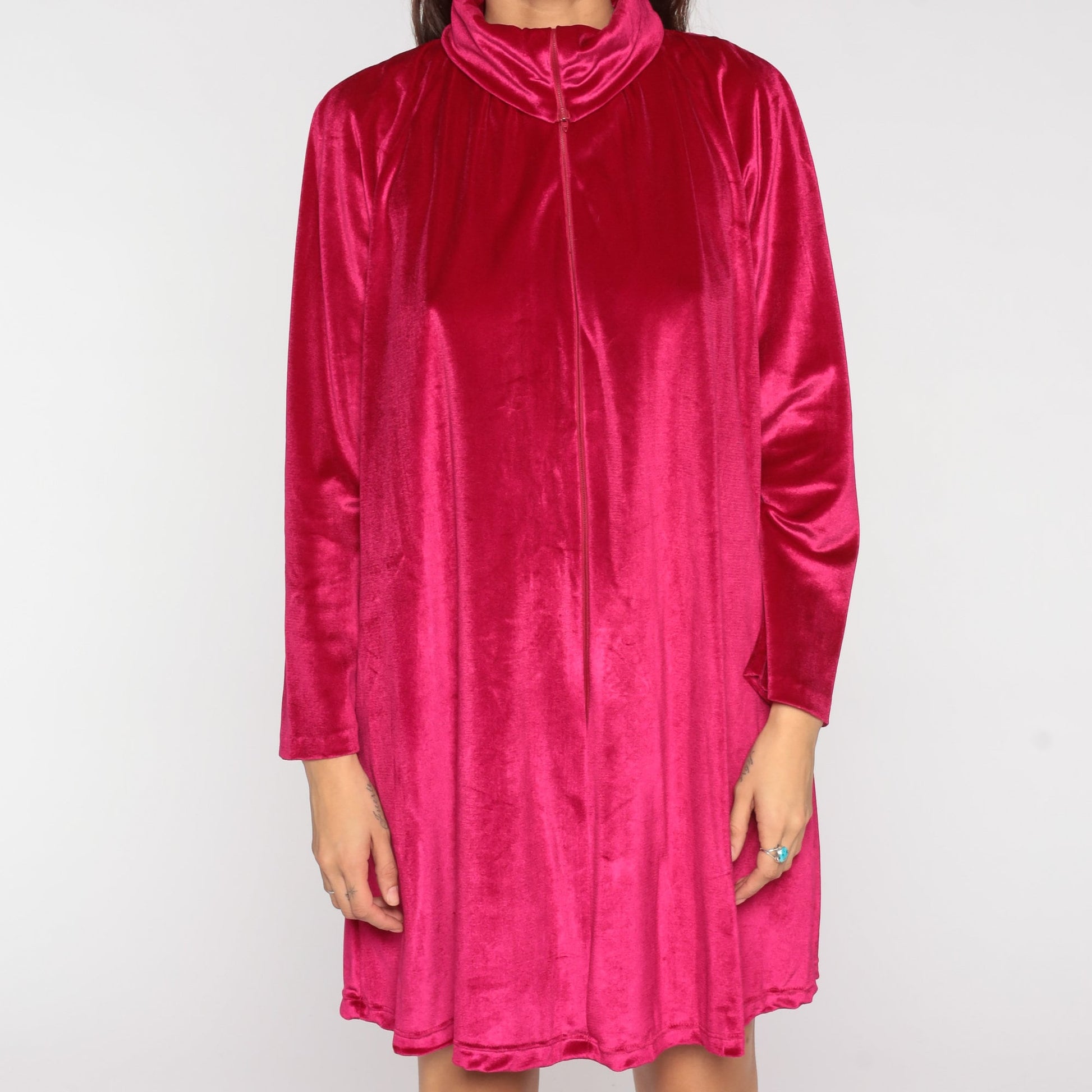 70s Deep Pink Velour Lounge Dress Mini Front Zip Long Sleeve Small