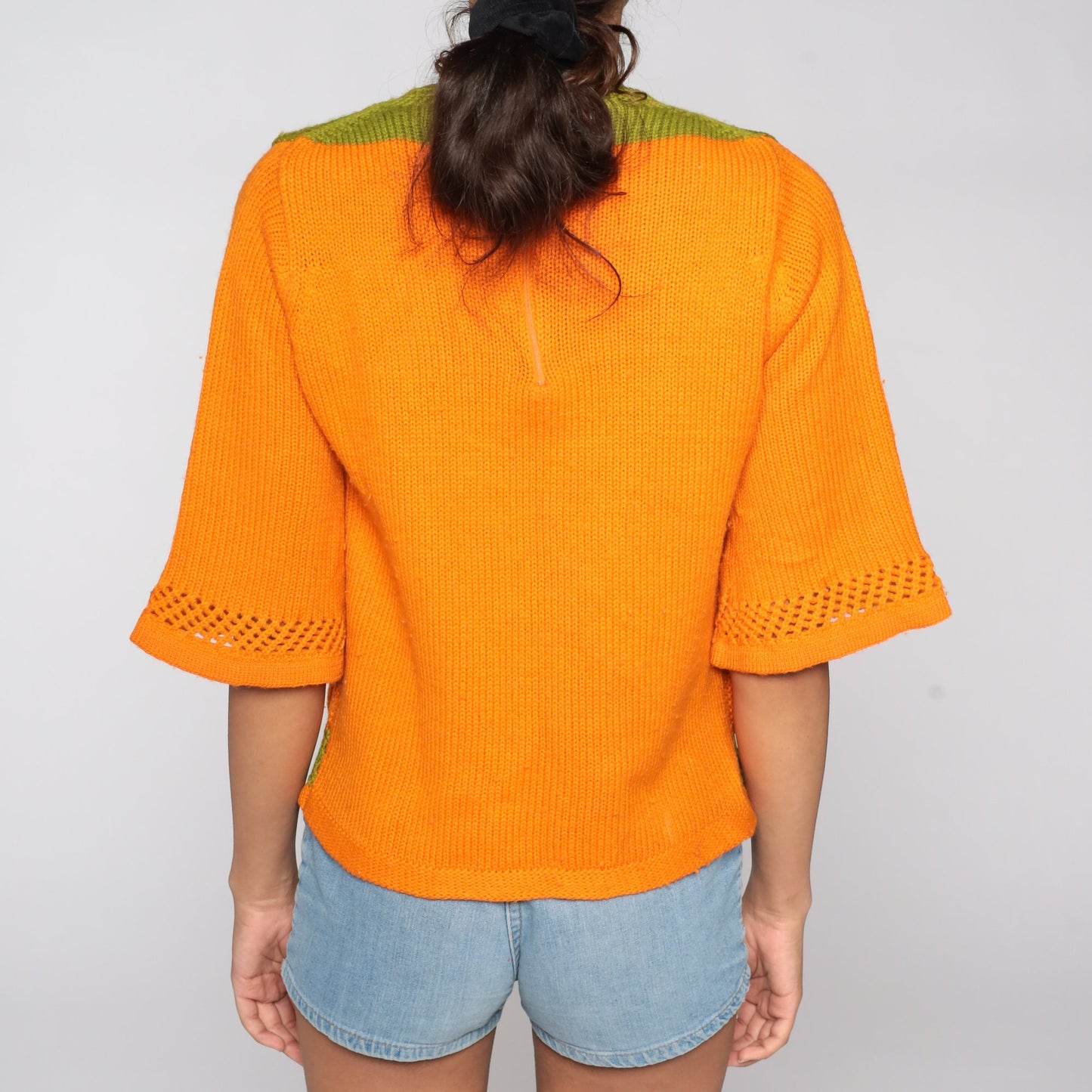 70s Wool Bell Sleeve Sweater Yellow Orange Colourblock Knit Medium