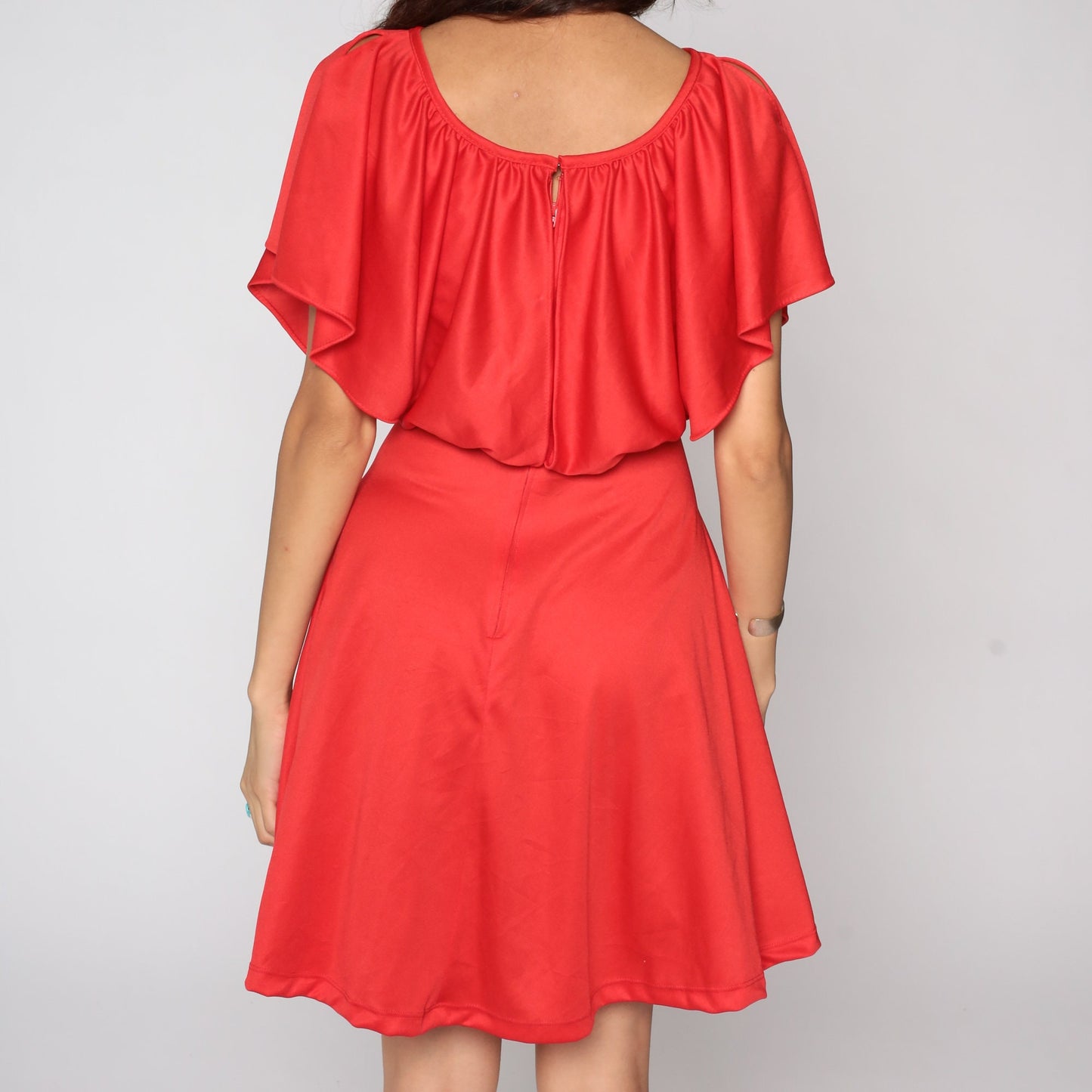70s Red Grecian Mini Dress High Waist Flutter Sleeve Capelet Small