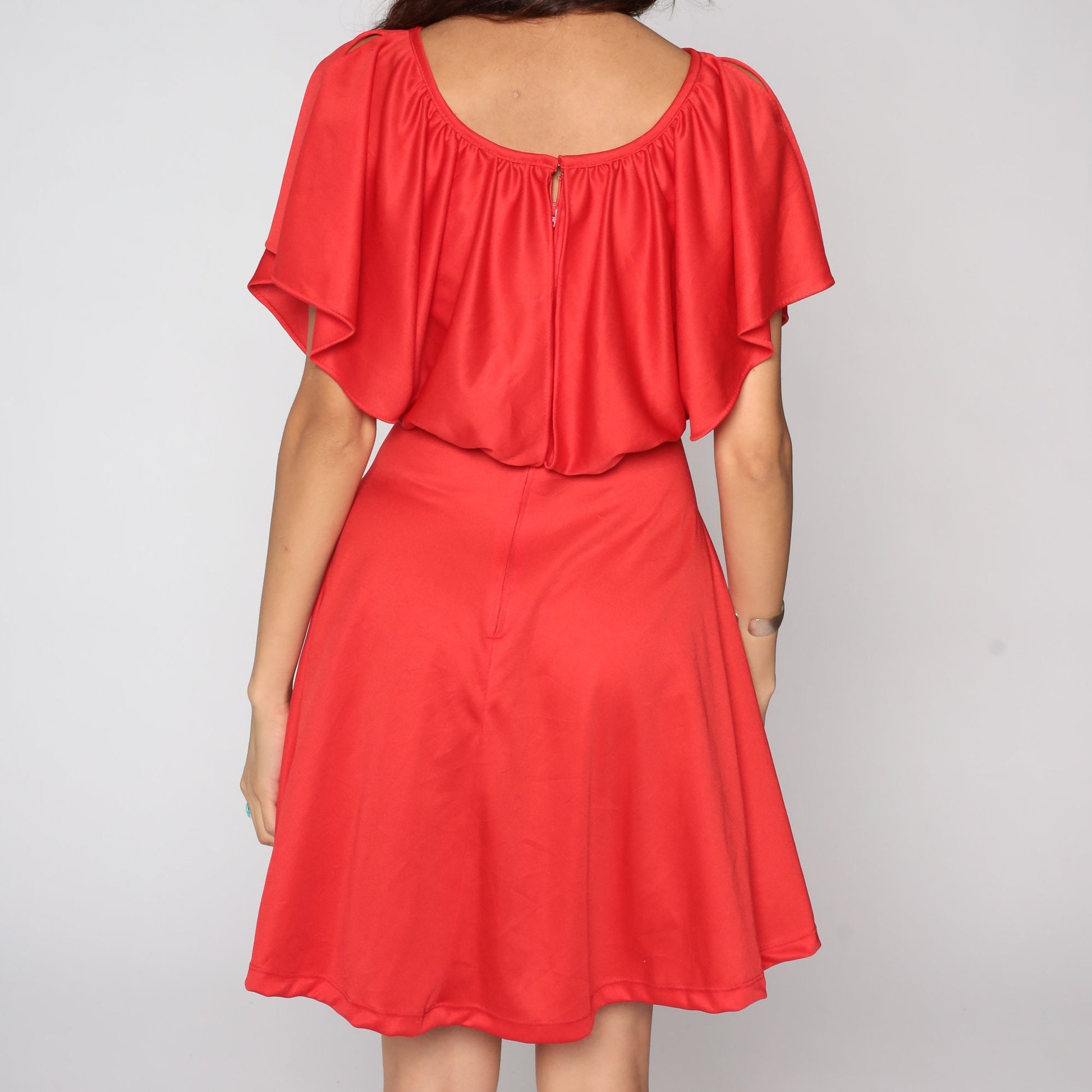 70s Red Grecian Mini Dress High Waist Flutter Sleeve Capelet Small