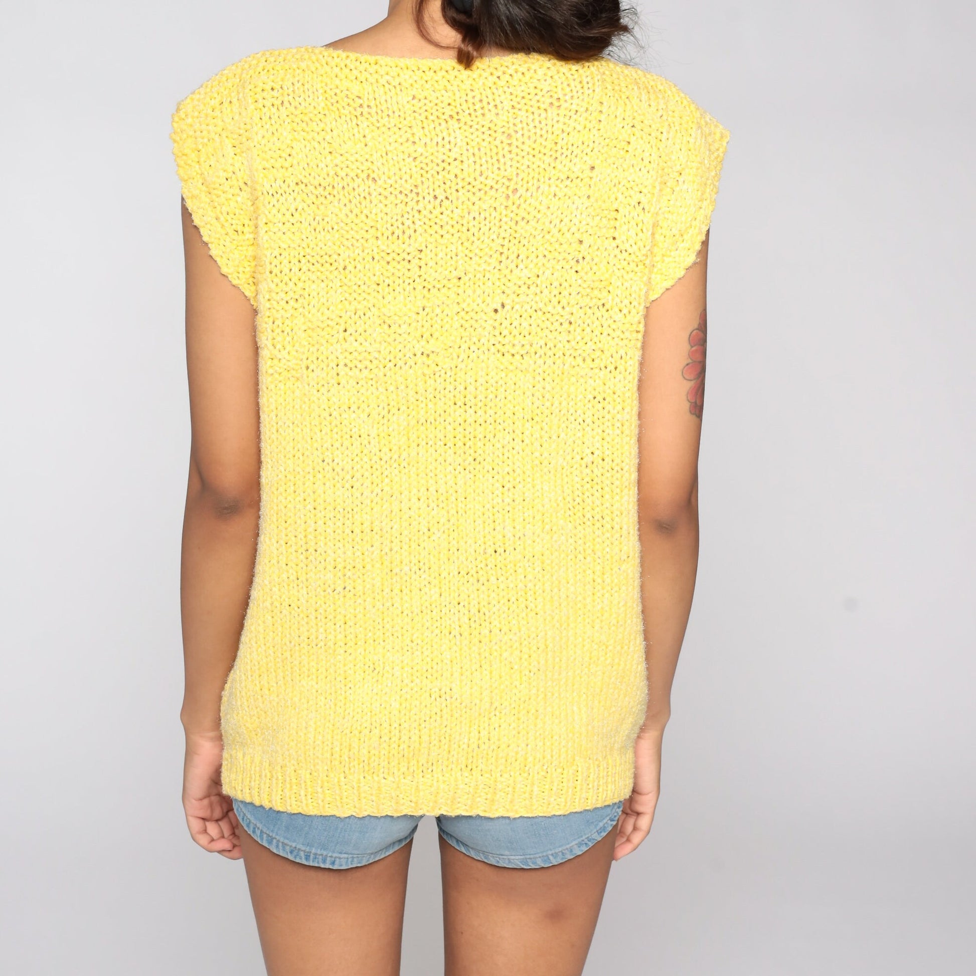 80s Yellow Knit Sweater Cap Sleeve Boat Neck Top Medium
