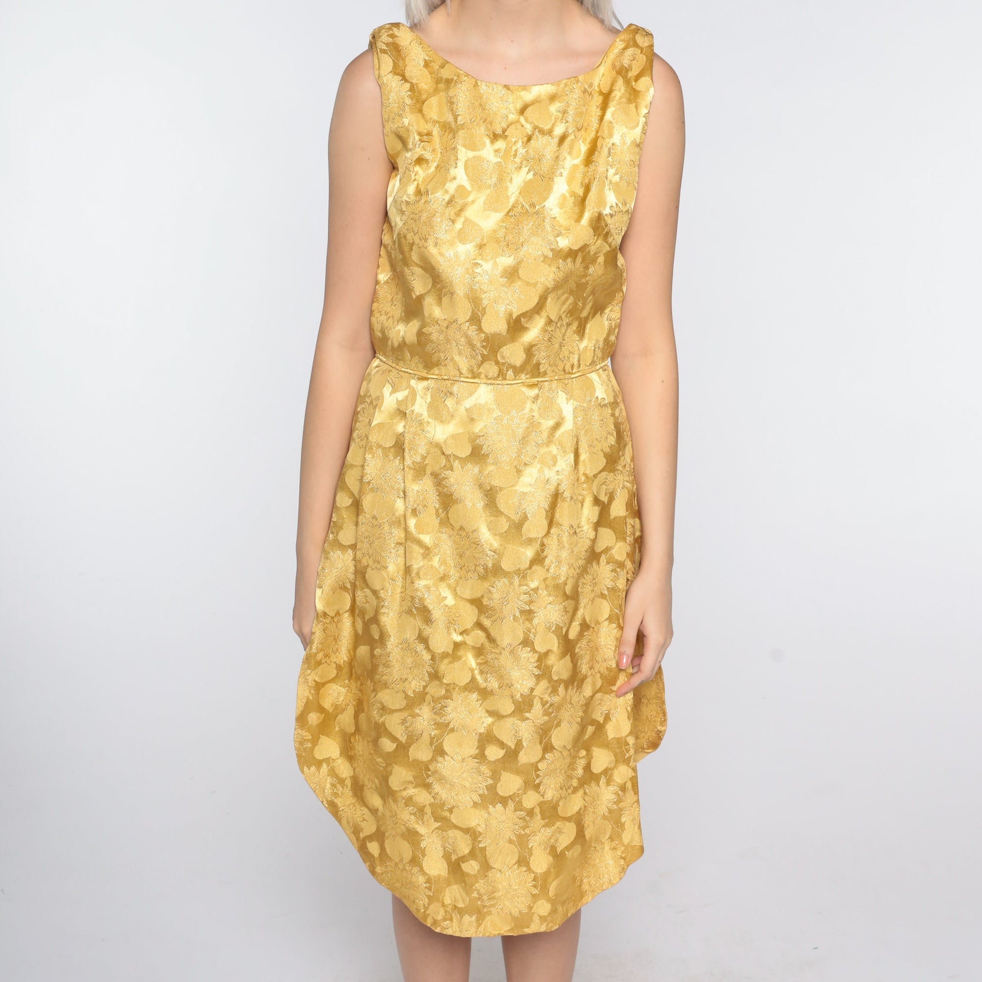 1960s Gold Floral Brocade Sleeveless Cocktail Dress High Slit Small