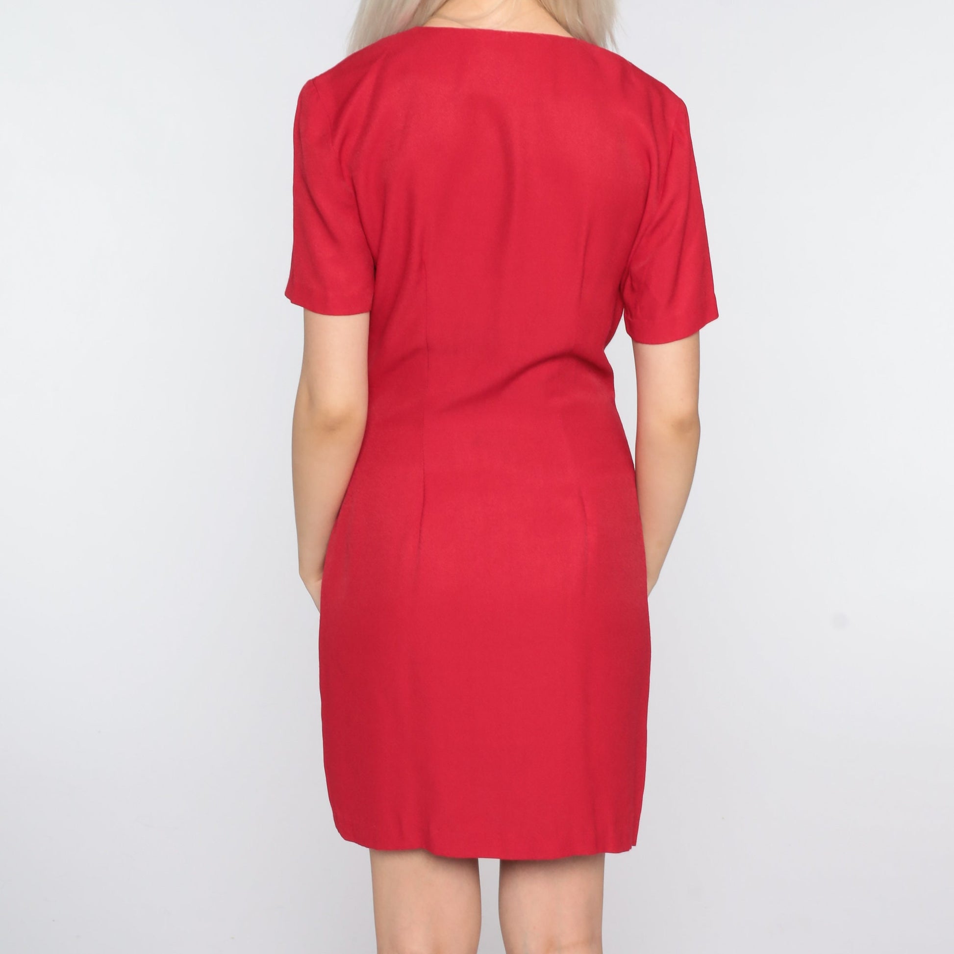 90s Red Mini Shift Dress Button Front Keyhole Short Sleeve Small