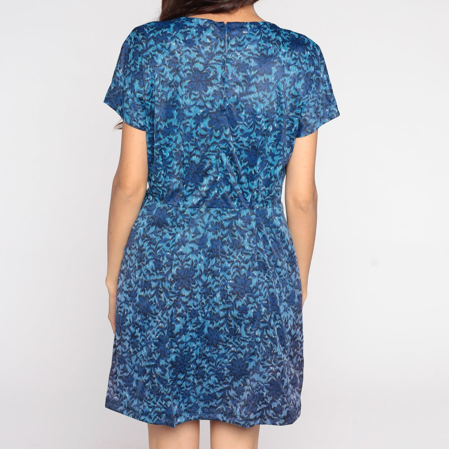 1970s Blue Floral Sheath Dress High Waist Mini Cap Sleeve Medium