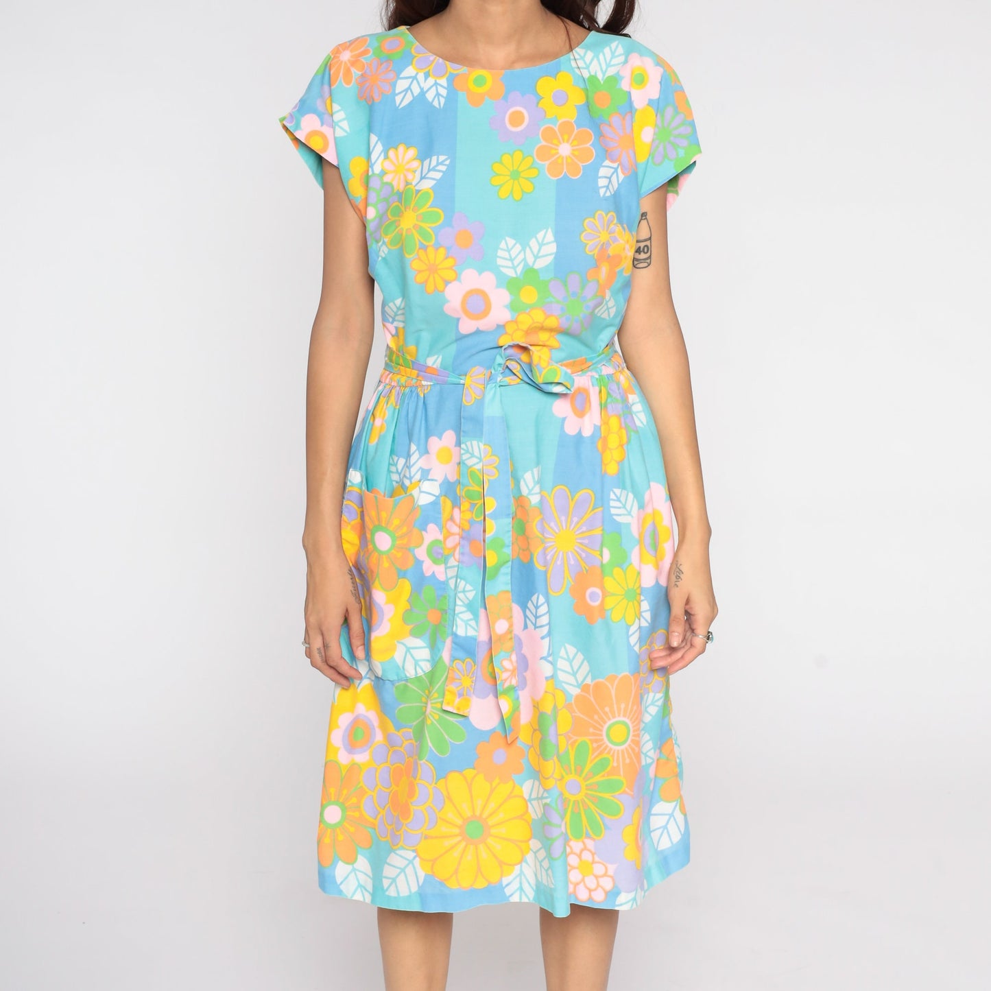 1960s Floral Wrap Dress Midi Blue Orange Flower Print Large L