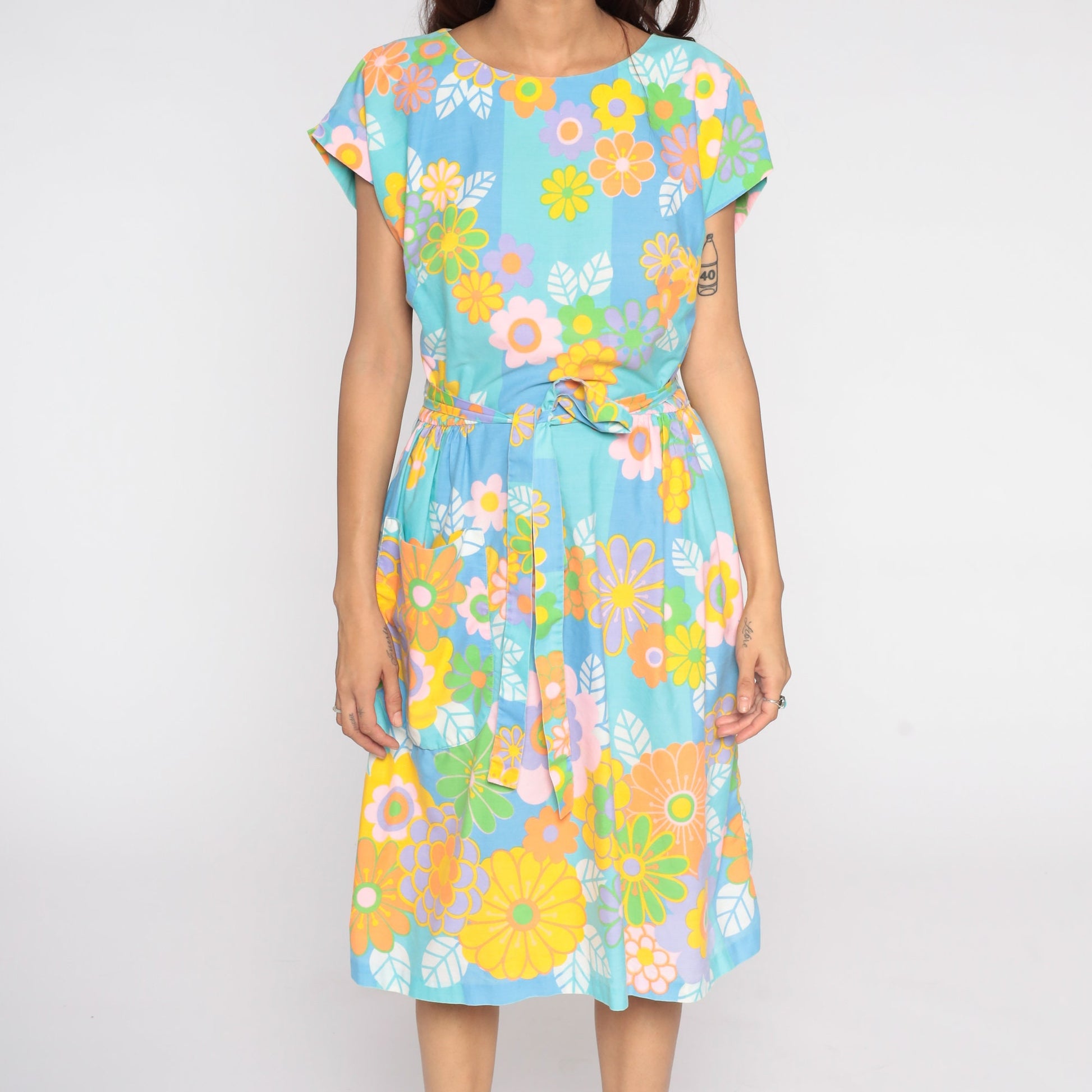 1960s Floral Wrap Dress Midi Blue Orange Flower Print Large L
