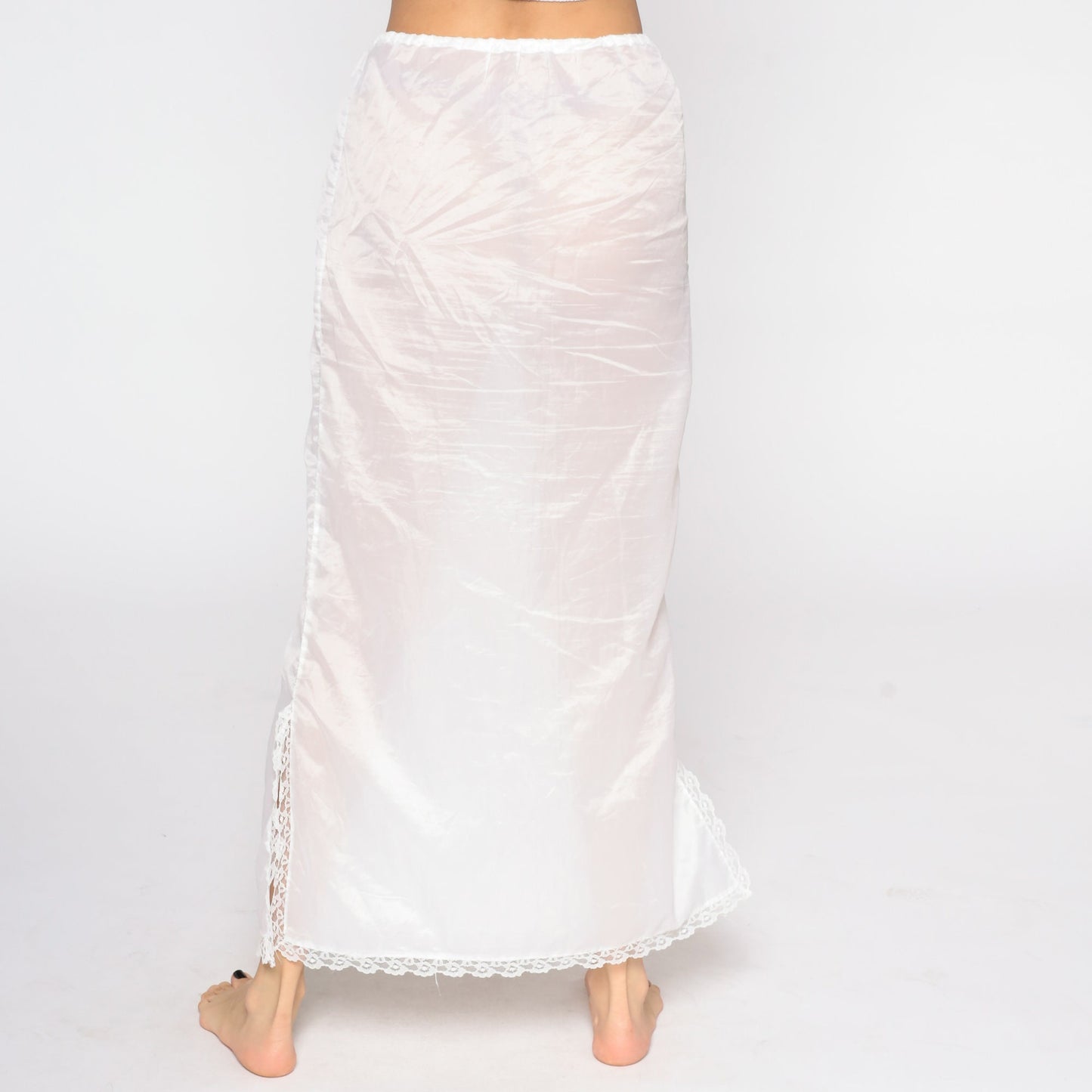 70s White Sheer Slip Skirt Lace Trim Maxi Small Medium