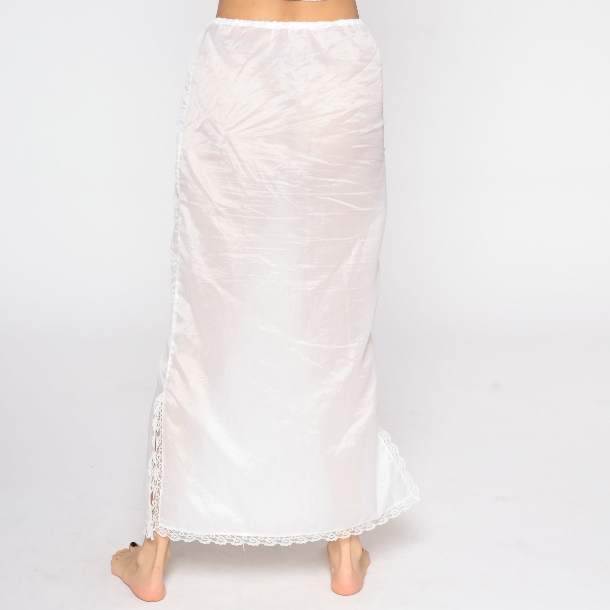 70s White Sheer Slip Skirt Lace Trim Maxi Small Medium