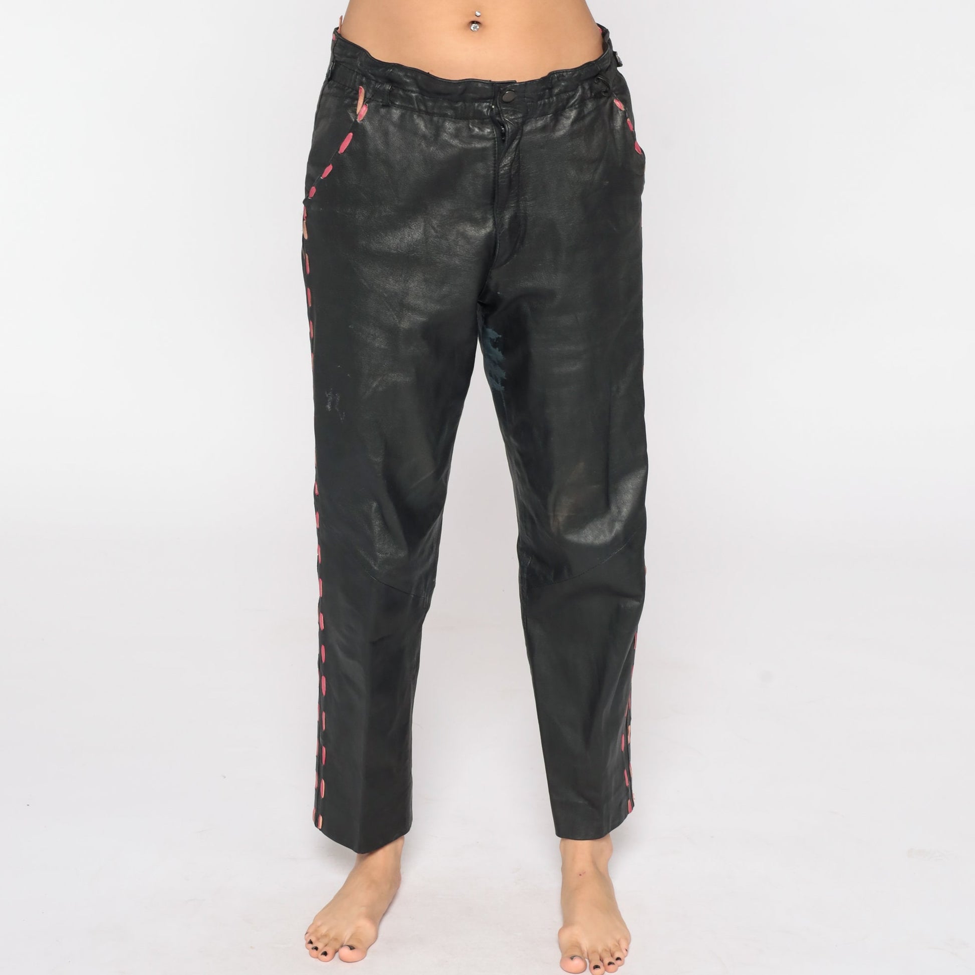 80s Black Leather High-Waist Tapered Pants Medium