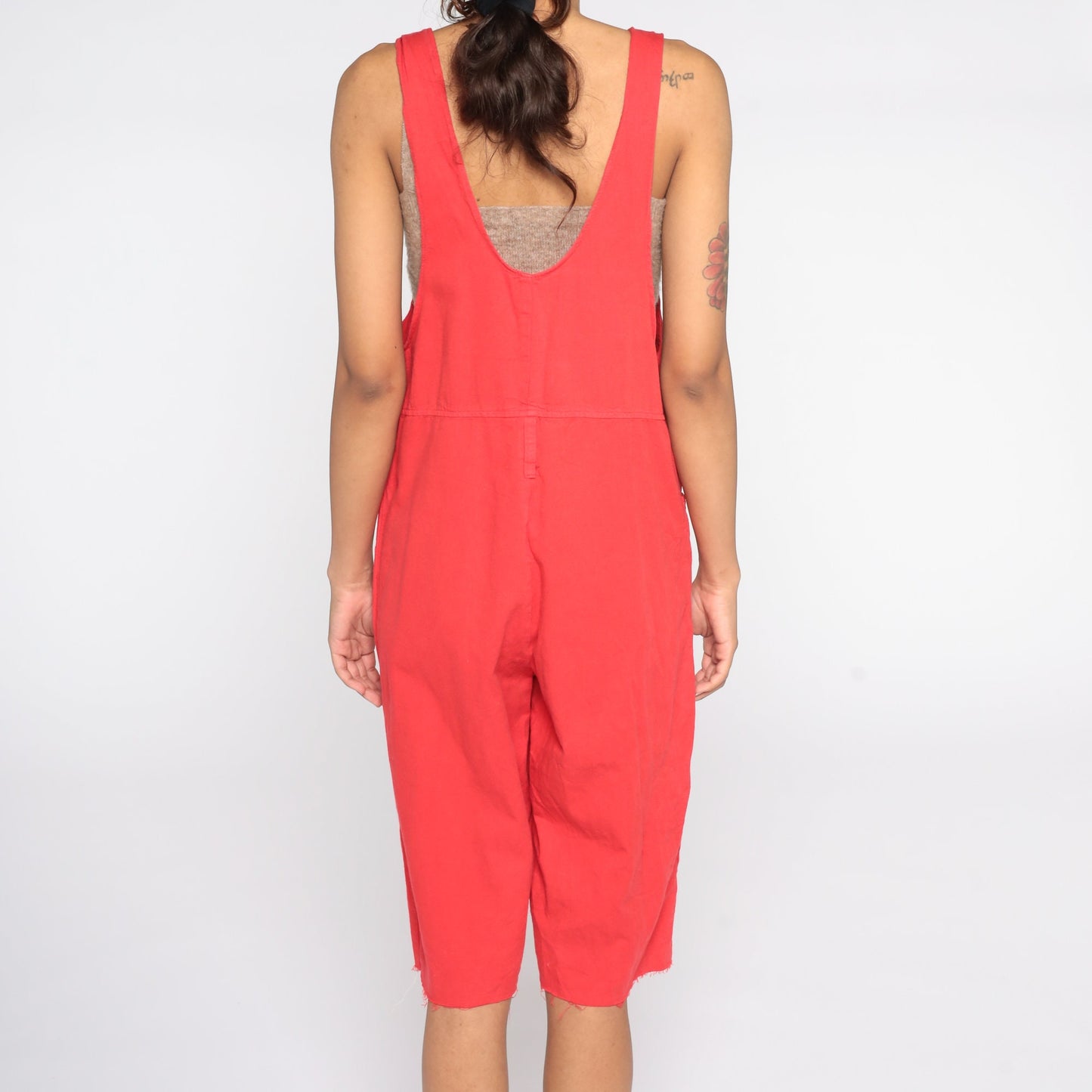 90s Red Cotton Overall Shorts Frayed Cutoff Bib Dungarees Large