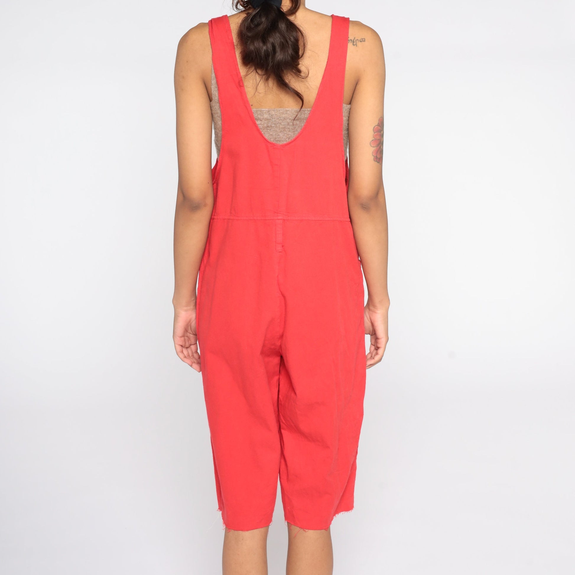 90s Red Cotton Overall Shorts Frayed Cutoff Bib Dungarees Large