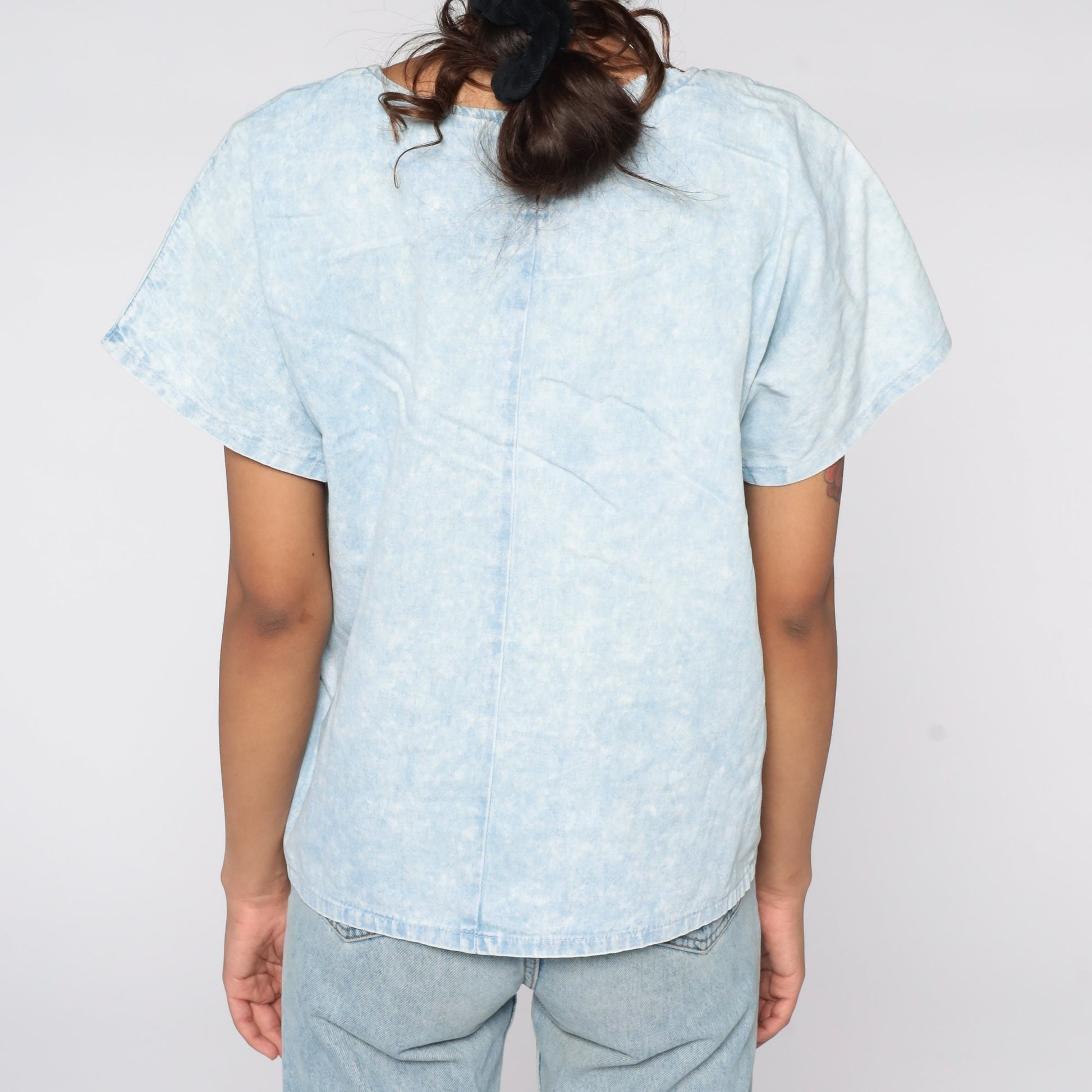 80s Blue Acid Wash Lace Cutout Blouse Cotton Top Medium