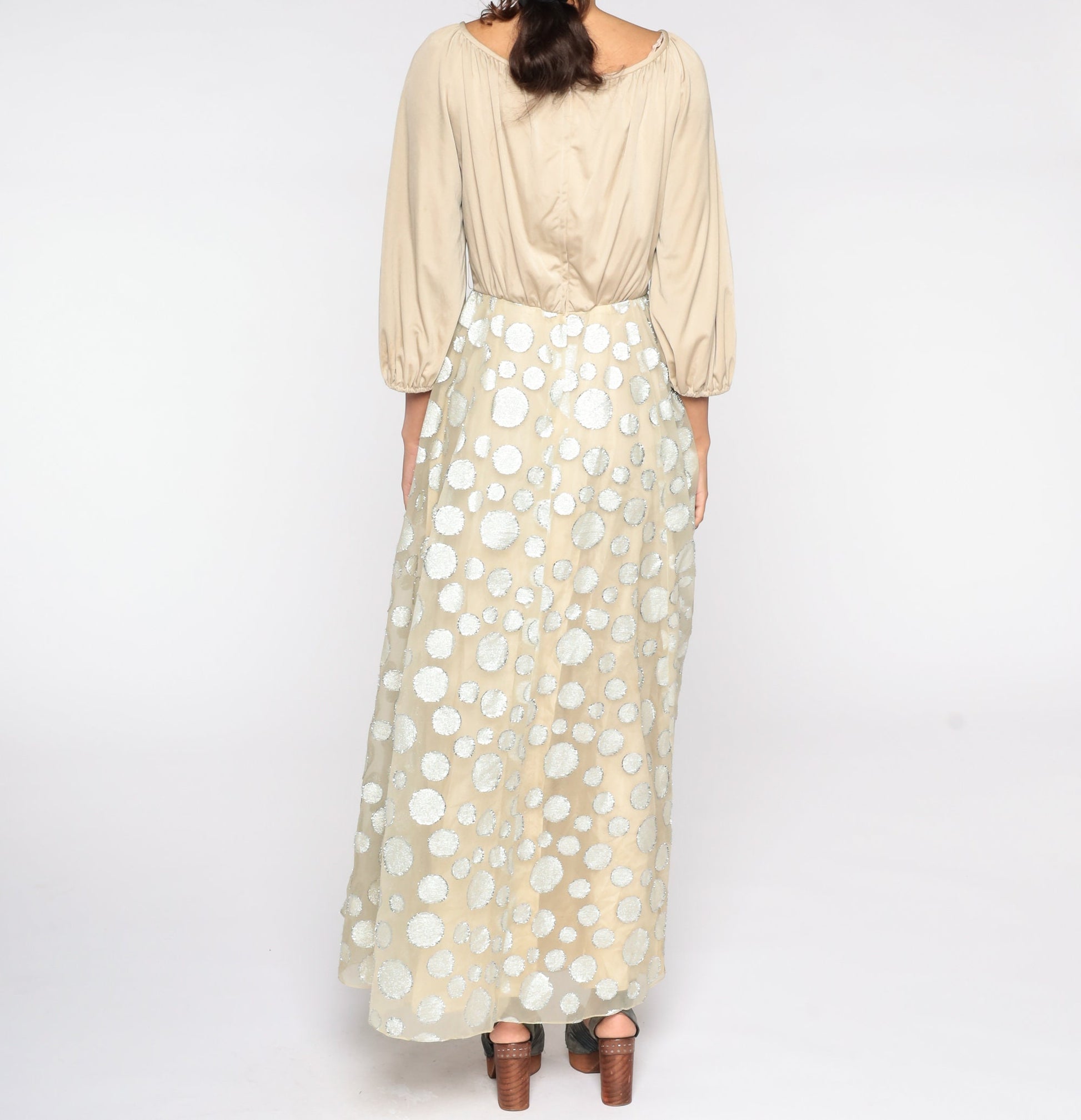 70s Beige Maxi Dress Silver Metallic Circle Skirt Long Sleeve High Waist Small