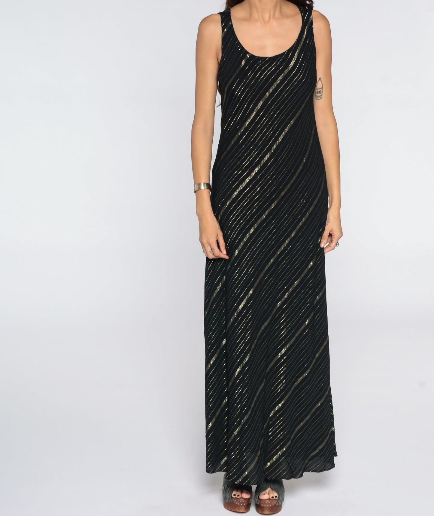 90s Black Maxi Dress Gold Metallic Stripe Sleeveless Column Medium