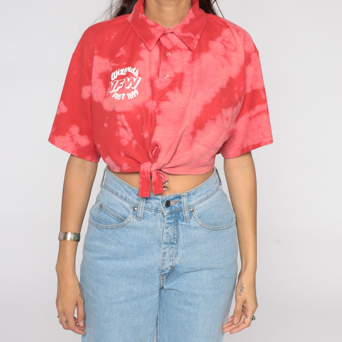 90s Wizards VFW 1699 Tie Dye Crop Top Button Up Shirt Red Extra Large