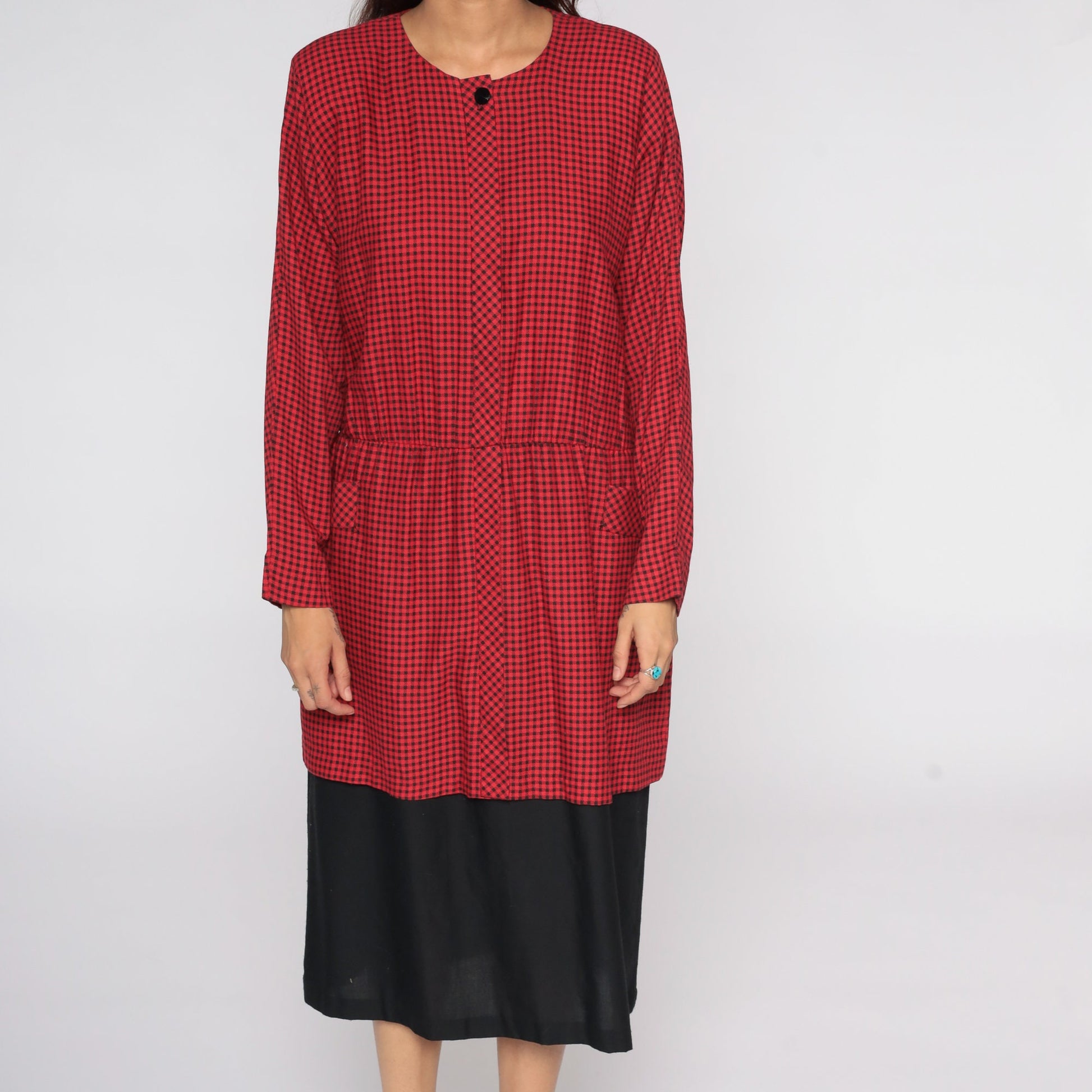 80s Red Gingham Midi Dress Long Sleeve Checkered Plaid Large