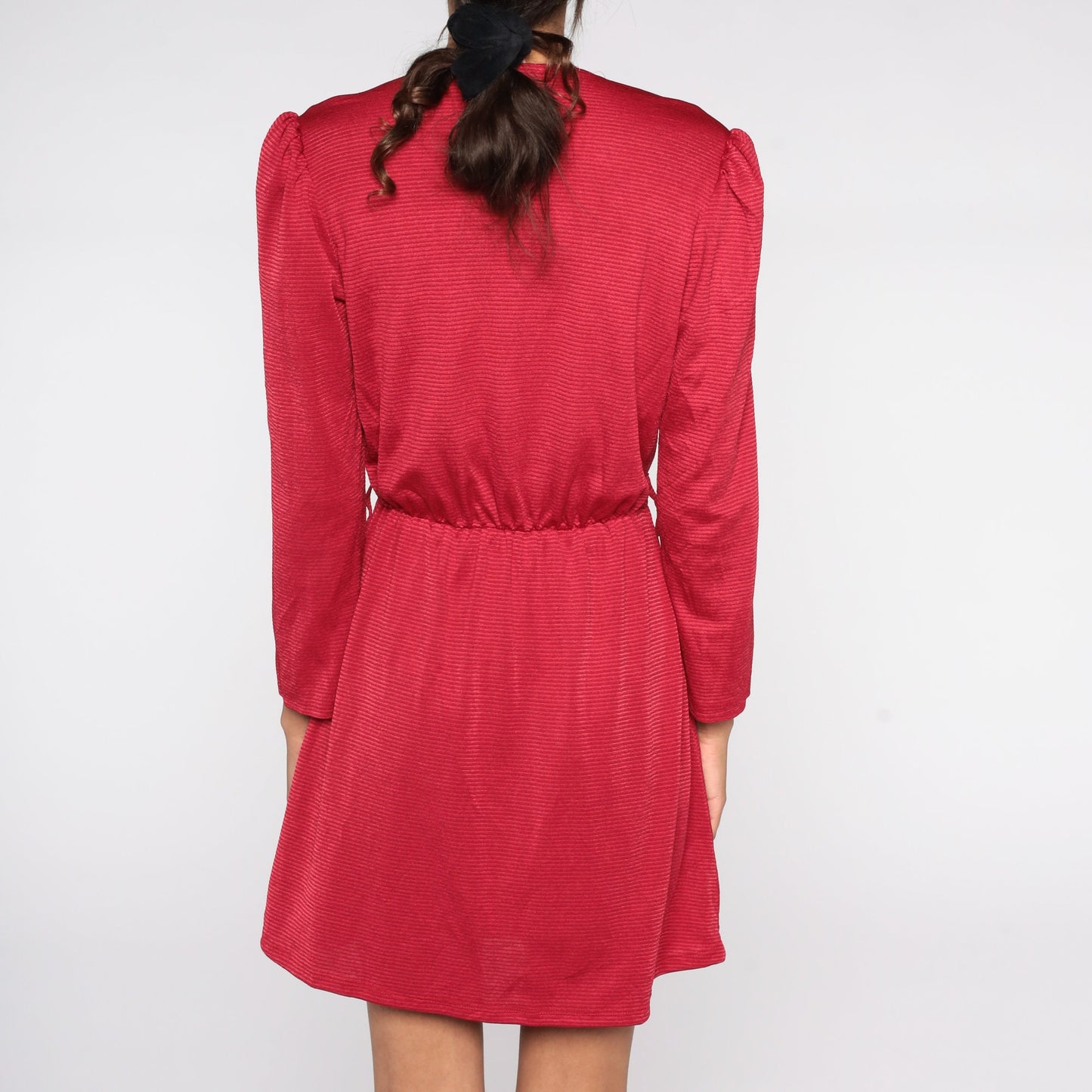 80s Cherry Red Striped Mini Dress Puff Sleeve V-Neck Elastic Waist Small