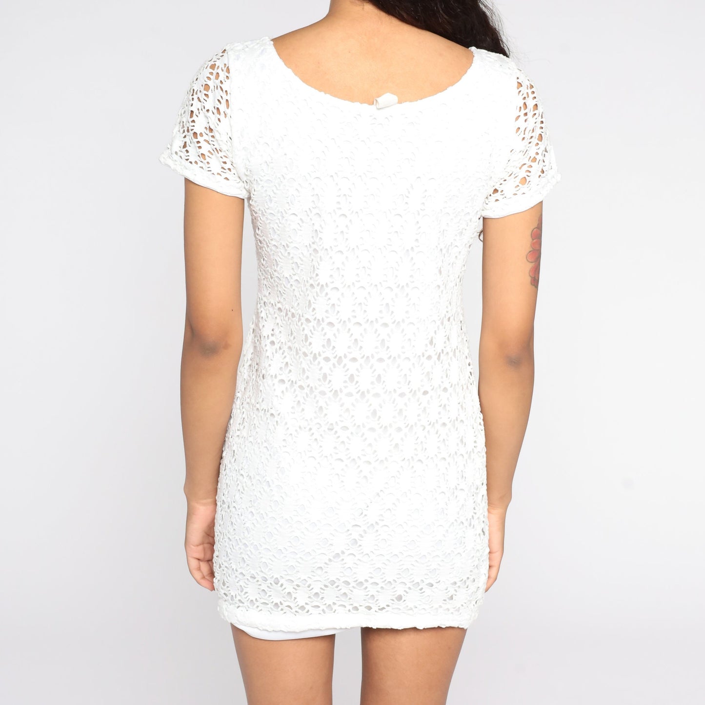 90s White Crochet Cutwork Mini Dress Cotton Blend Small S