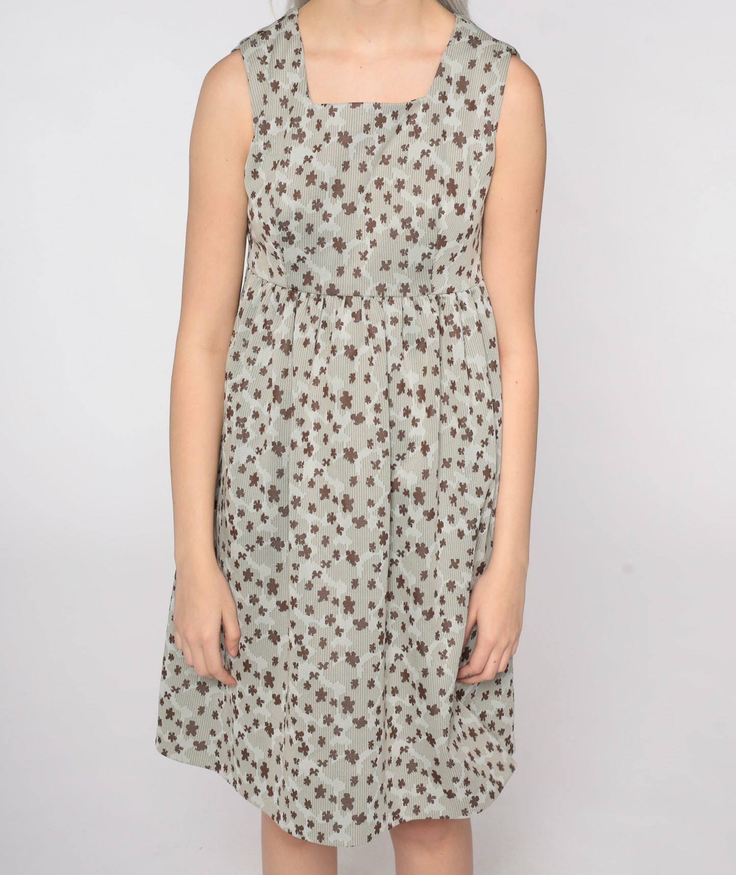 70s Taupe Floral Mini Dress Empire Waist Sleeveless Small