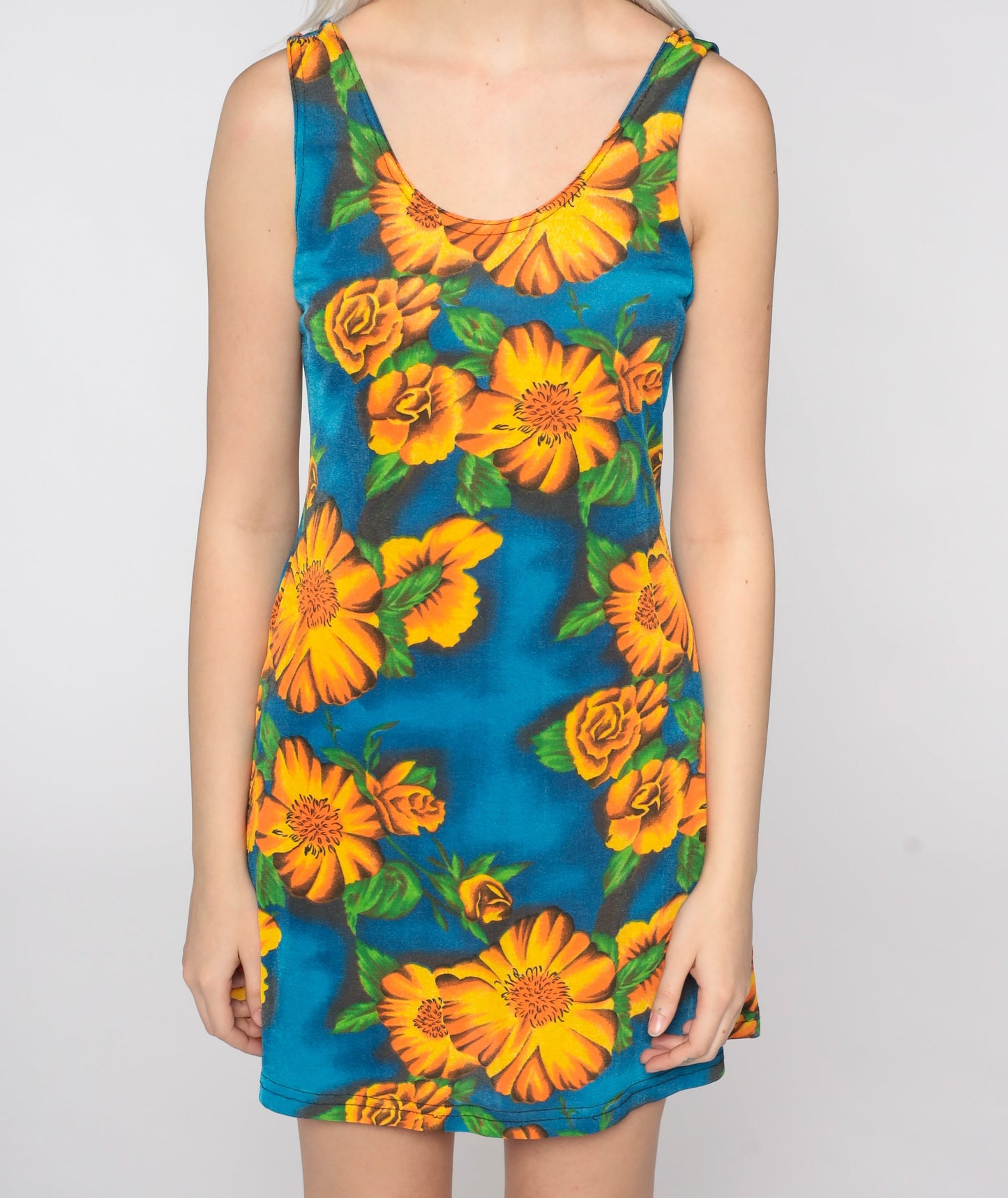 90s Floral Bodycon Mini Dress Blue Yellow Sleeveless Small Medium