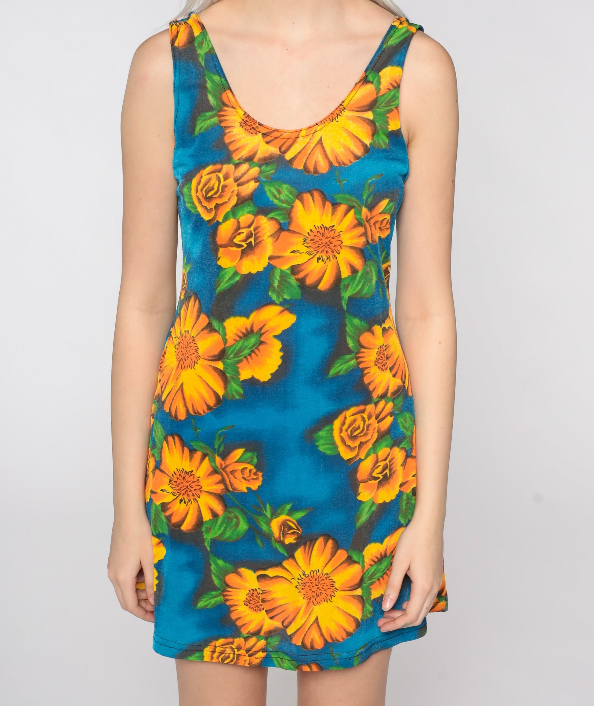 90s Floral Bodycon Mini Dress Blue Yellow Sleeveless Small Medium