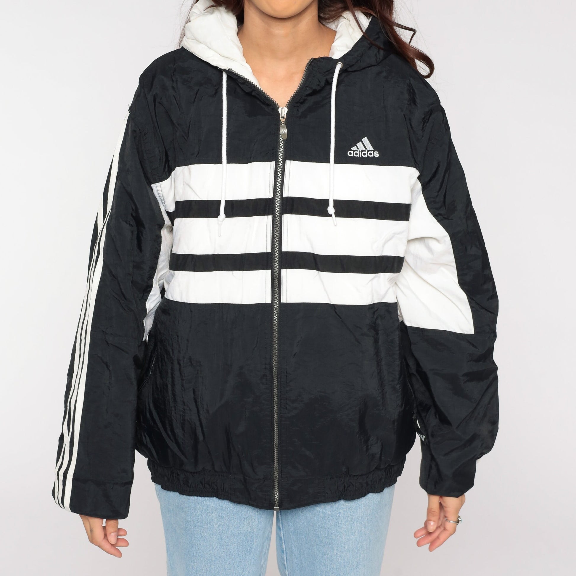 90s Adidas Black Nylon Hooded Jacket Striped Medium