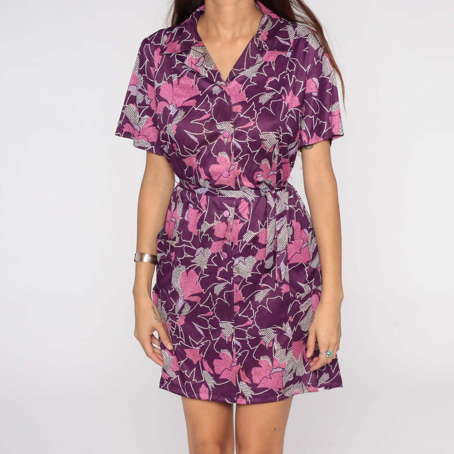 60s Purple Floral Shift Dress Button Front Mini Short Sleeve Extra Small