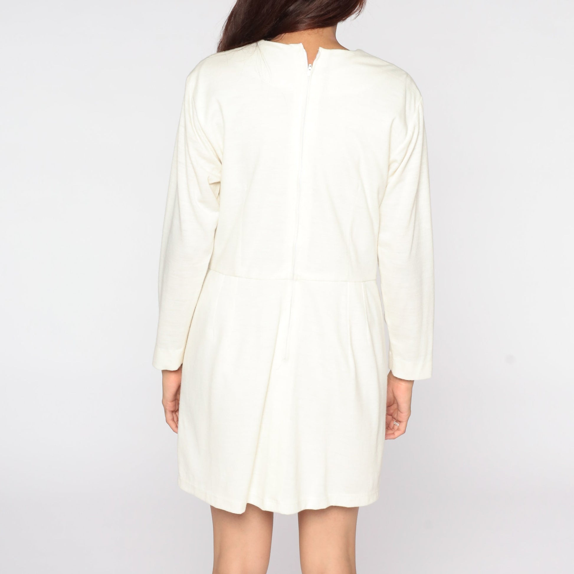 80s Off-White Mini Dress High Waist Long Sleeve Draped Medium