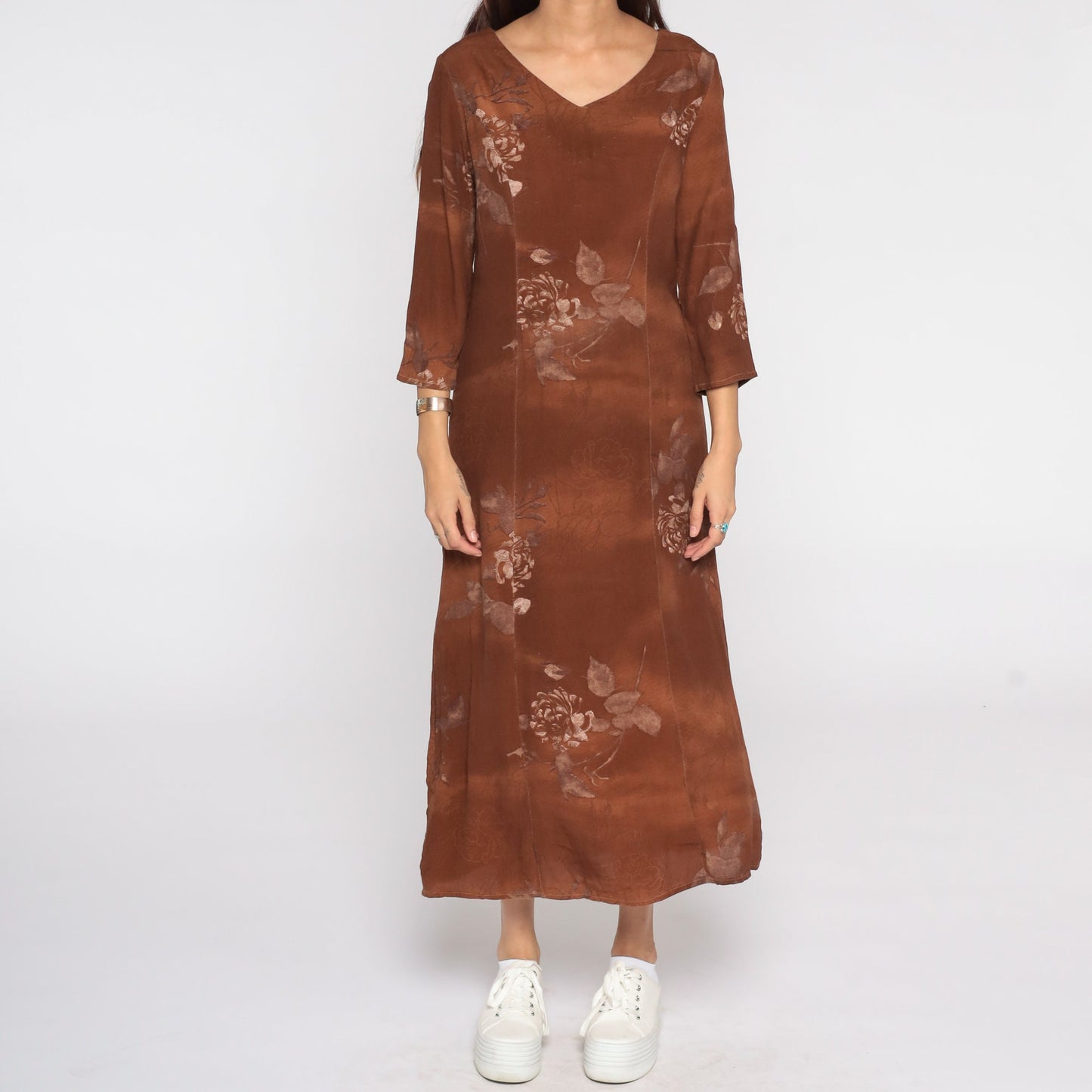 90s Brown Floral Rayon Dress Long Sleeve Maxi Small