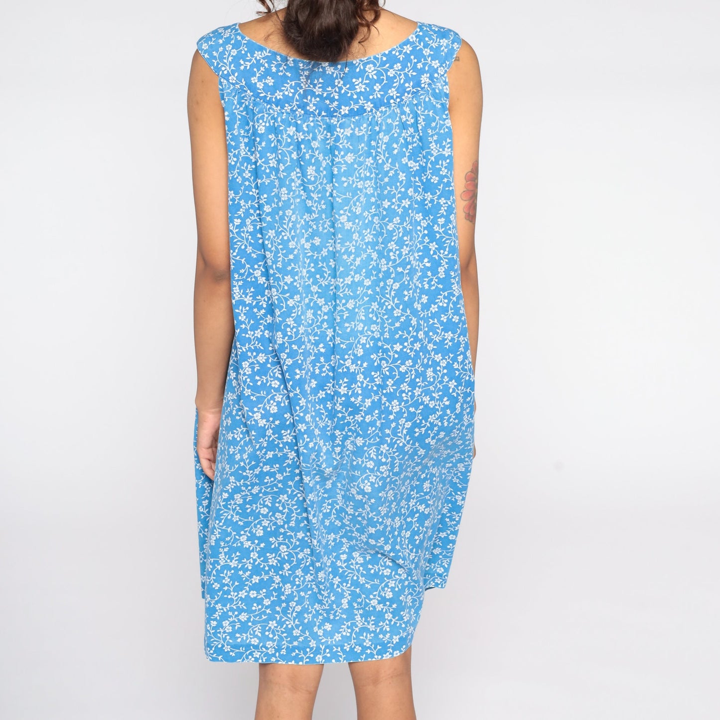 80s Blue Floral Trapeze Dress Sleeveless Knee-Length Large