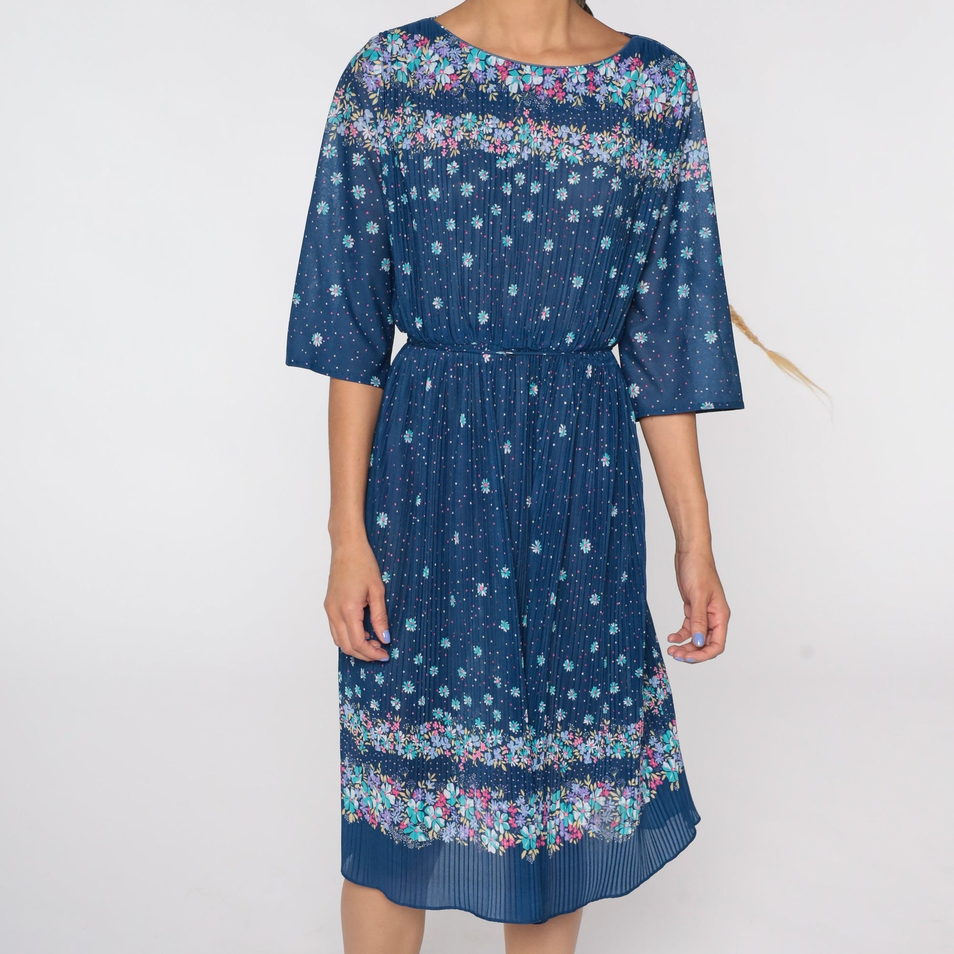 70s Floral Midi Dress Blue High Waist Knife Pleated 3/4 Sleeve Large L