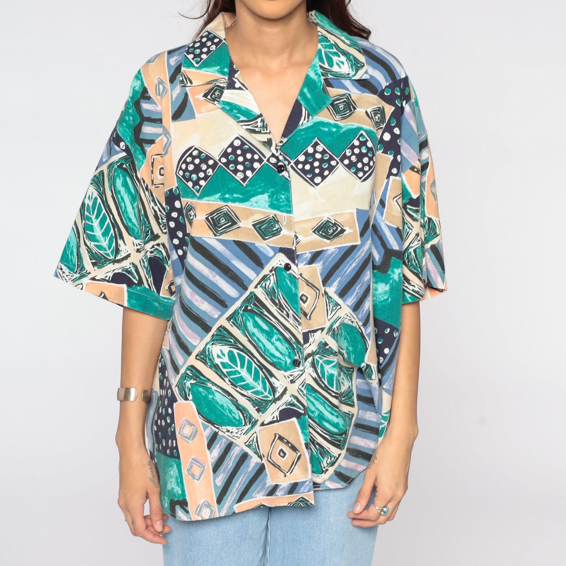 80s Geometric Tropical Button Up Blouse Plus Size Green Blue Short Sleeve Extra Extra Large XXL