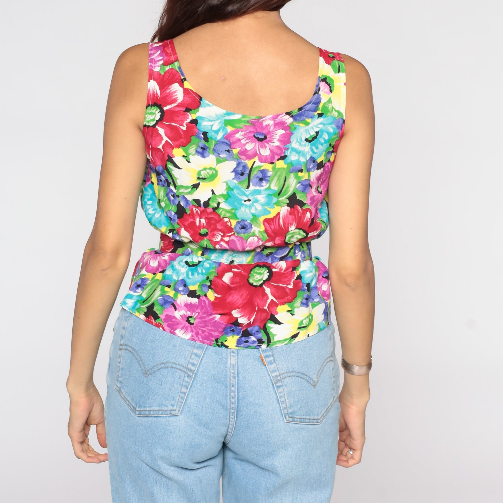 90s Floral Tank Top Sleeveless Blouse Belted Rayon Tropical Extra Small