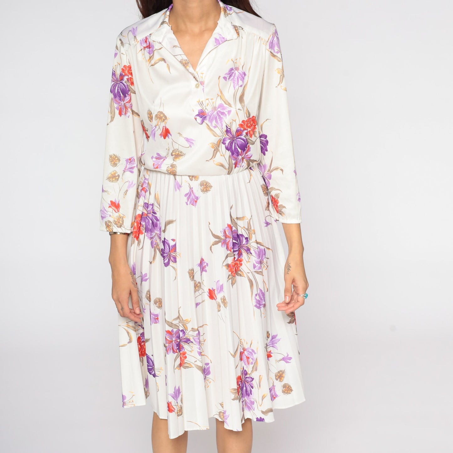 70s Cream Floral Midi Dress High Waist Pleated Button Up Long Sleeve Small Medium