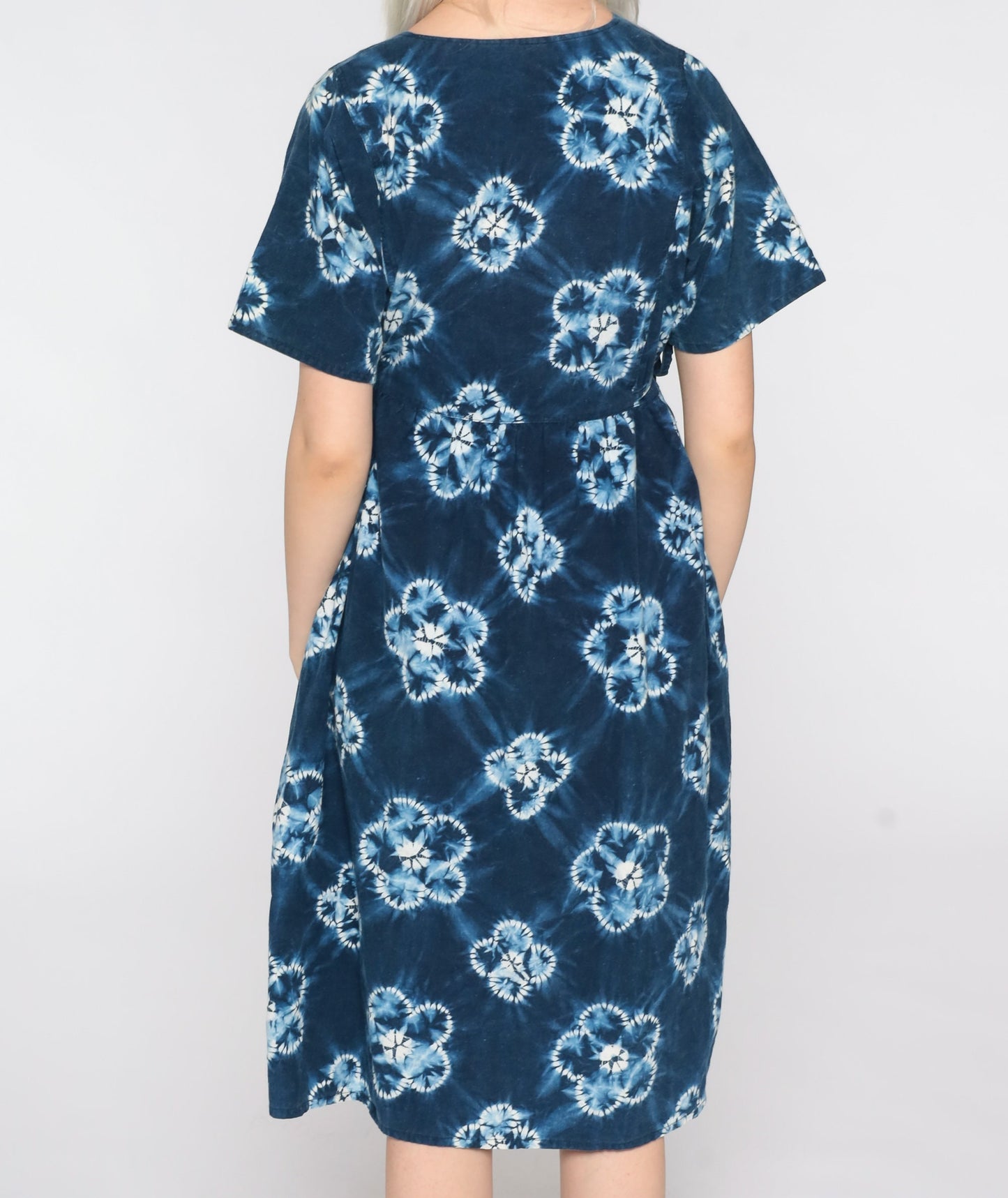 90s Tie Dye Midi Dress Blue Floral Empire Waist Button Front Cotton Medium
