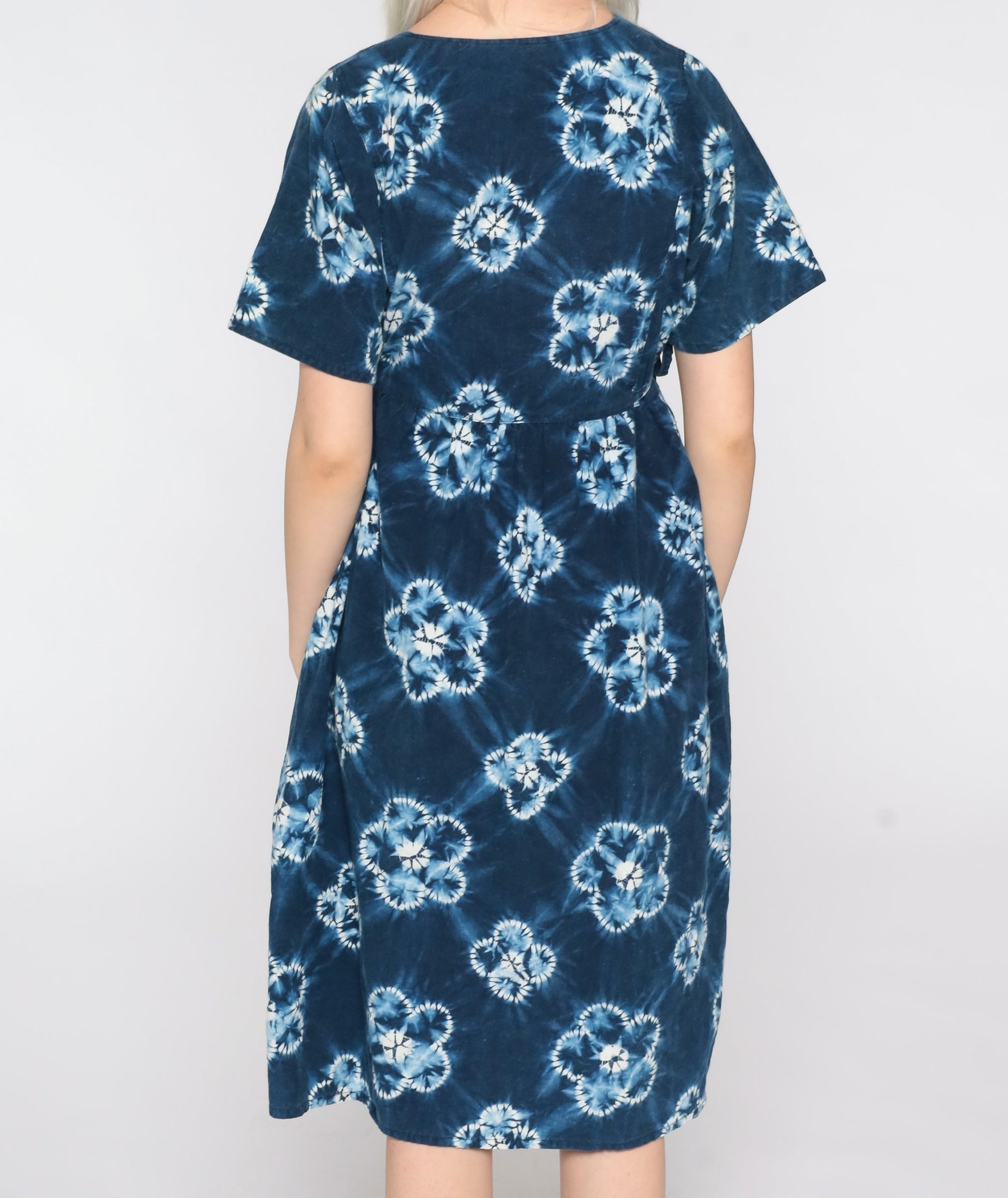 90s Tie Dye Midi Dress Blue Floral Empire Waist Button Front Cotton Medium