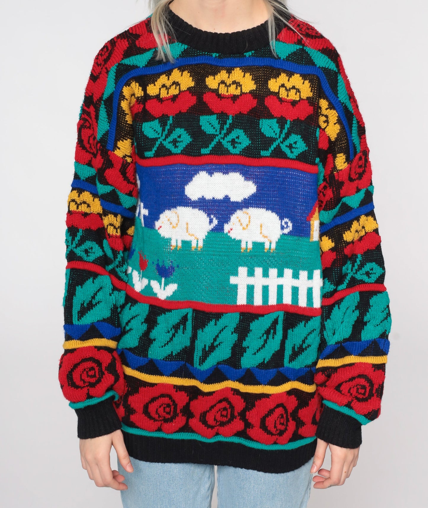 80s Pig Print Sweater Novelty Farm Animal Knit Pullover Rose Large L
