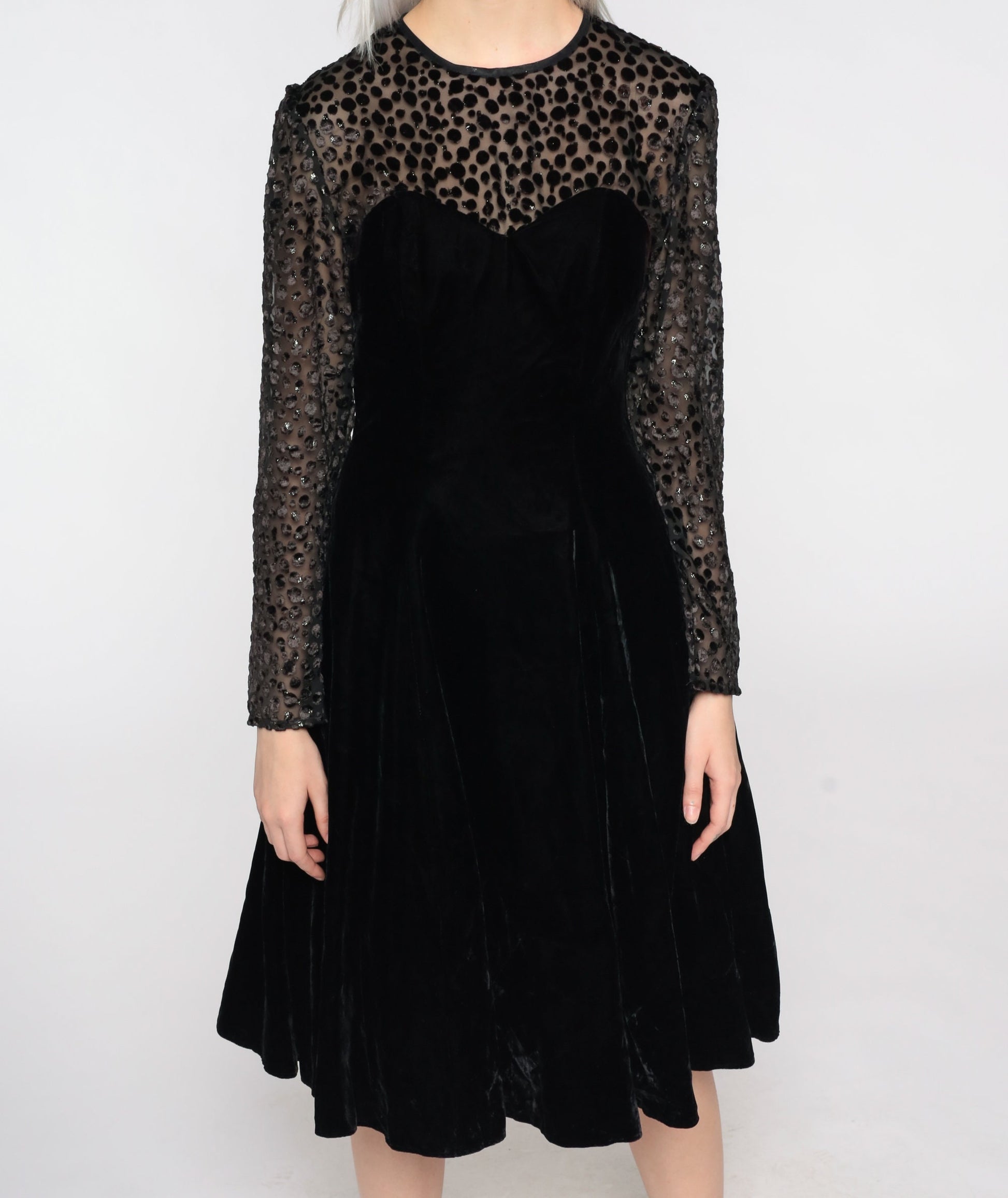 80s Black Velvet Party Dress Illusion Neckline Midi Long Sleeve Small 4