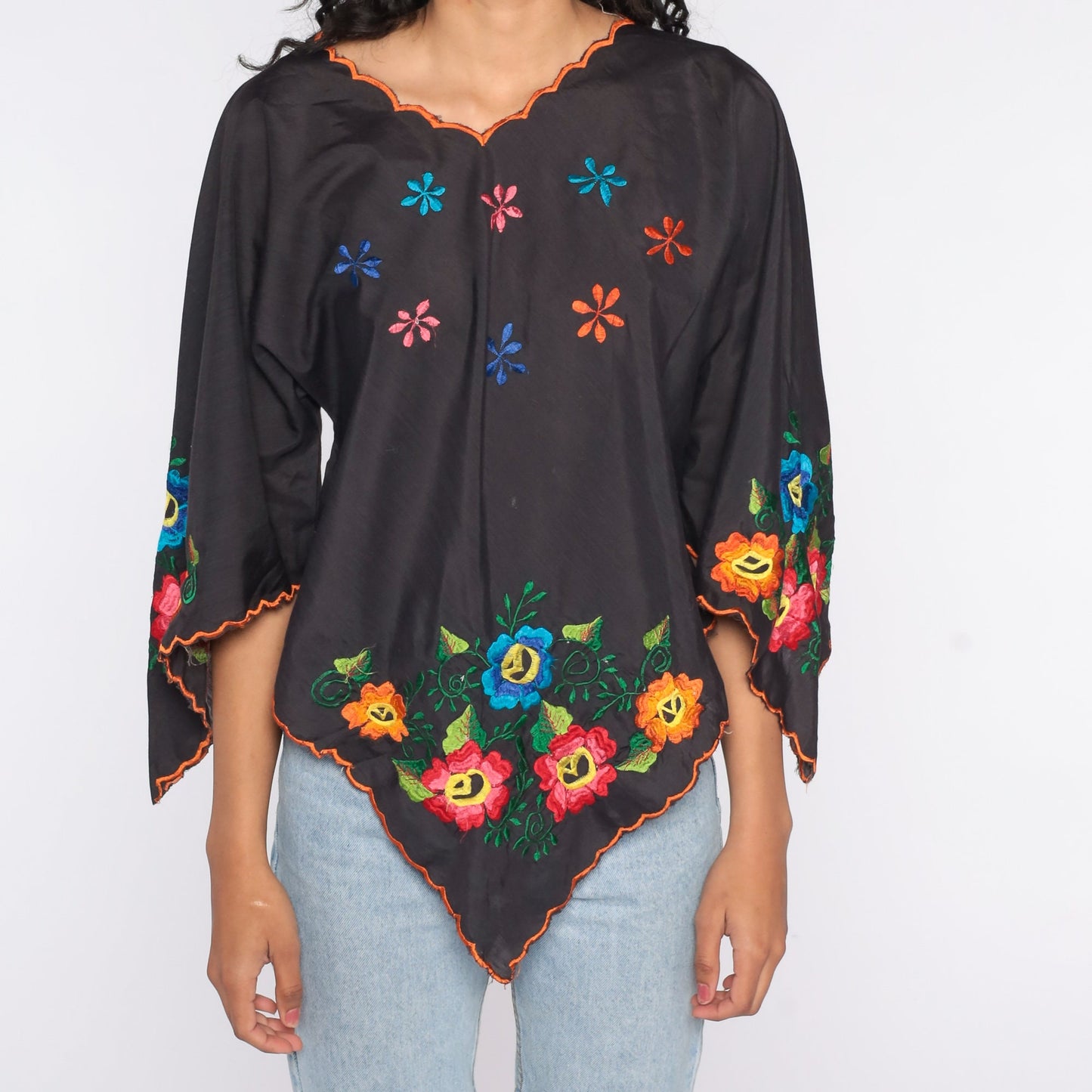 90s Black Floral Embroidered Bell Sleeve Tunic Top Small Medium