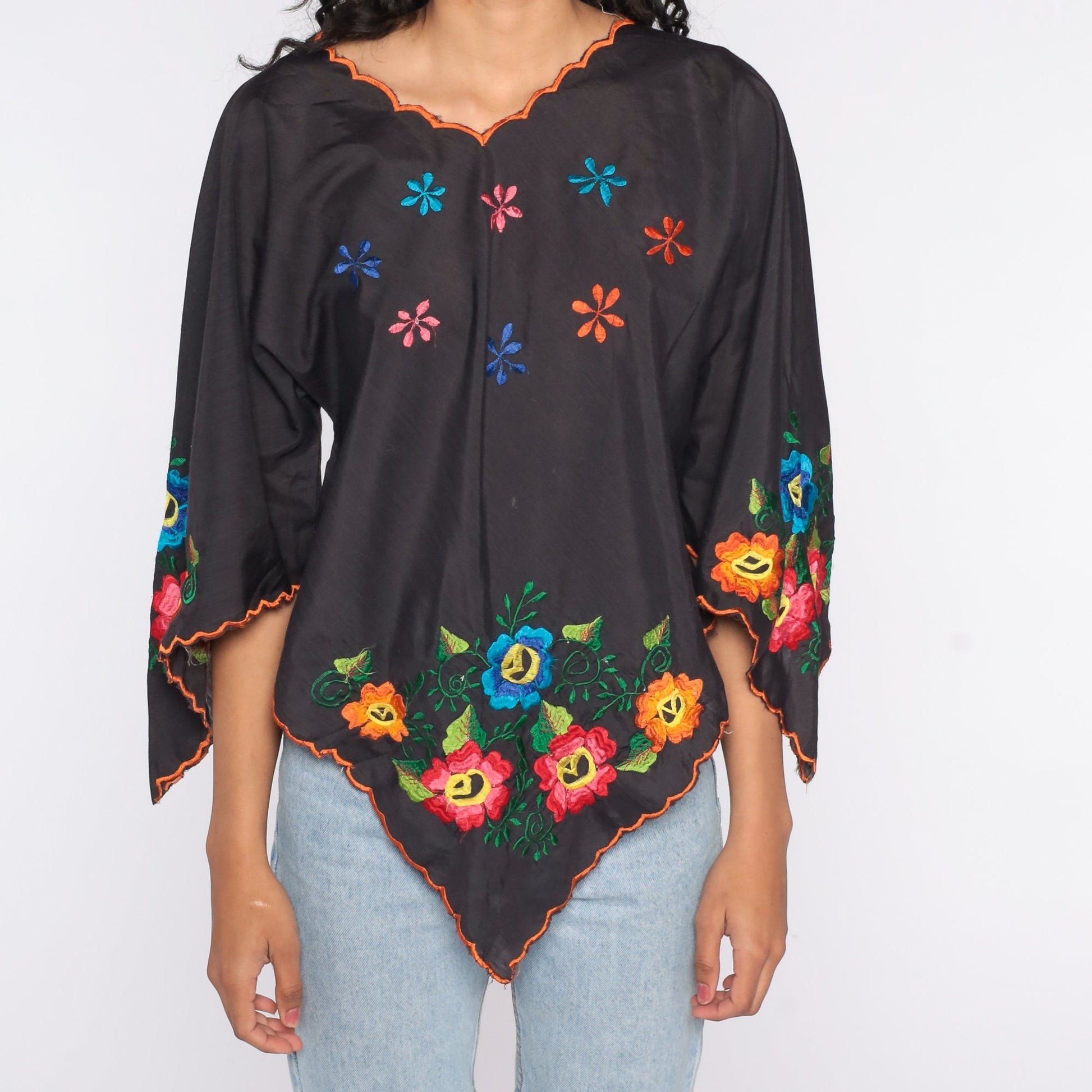 90s Black Floral Embroidered Bell Sleeve Tunic Top Small Medium