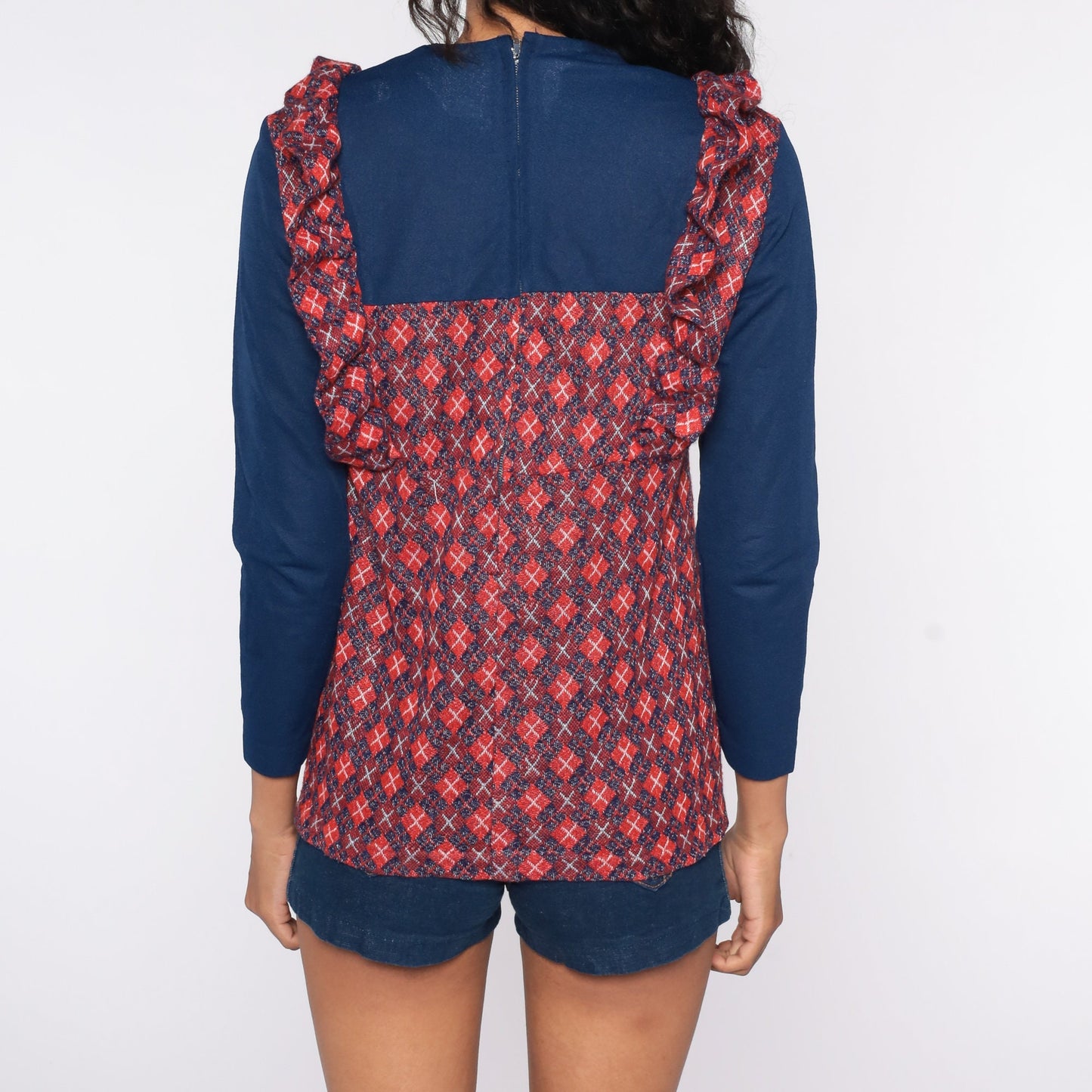 70s Plaid Babydoll Top Ruffled Long Sleeve Checkered Tunic Blue Red Medium