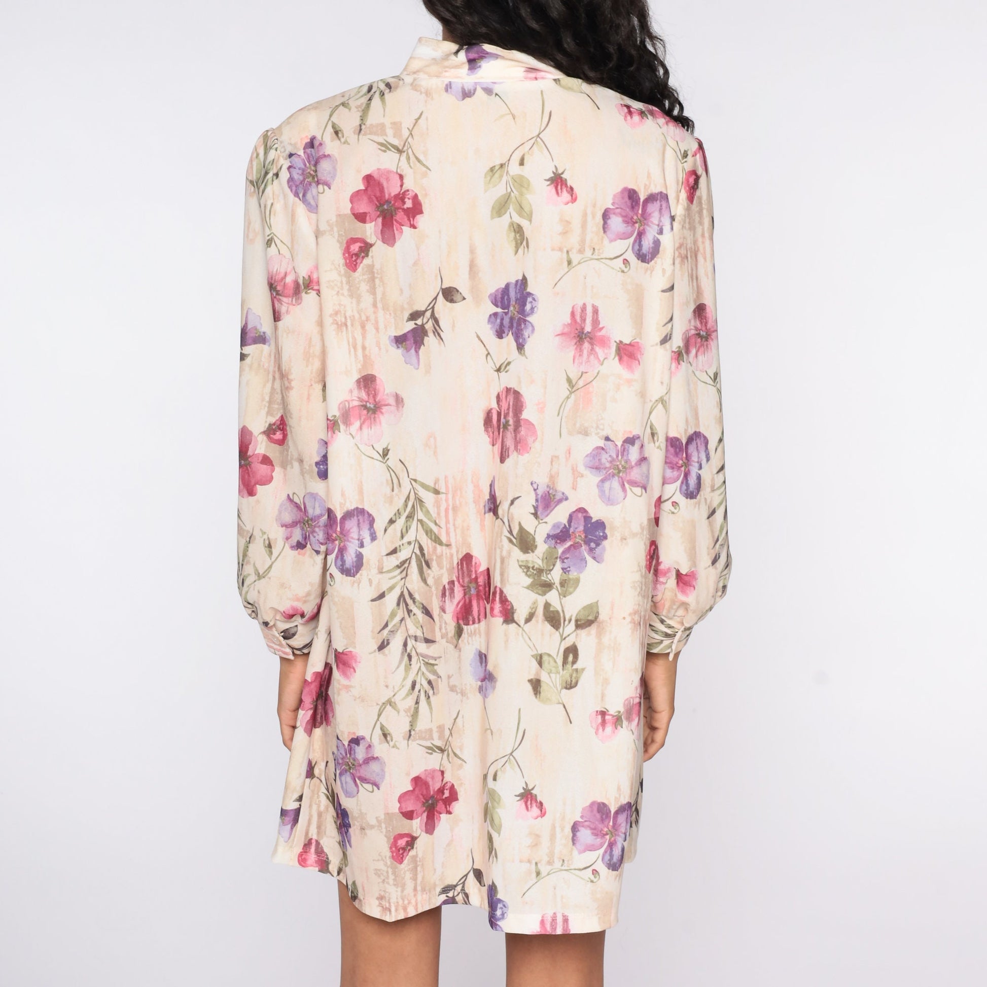 70s Floral Necktie Mini Dress Plus Size Long Sleeve Pullover XXL