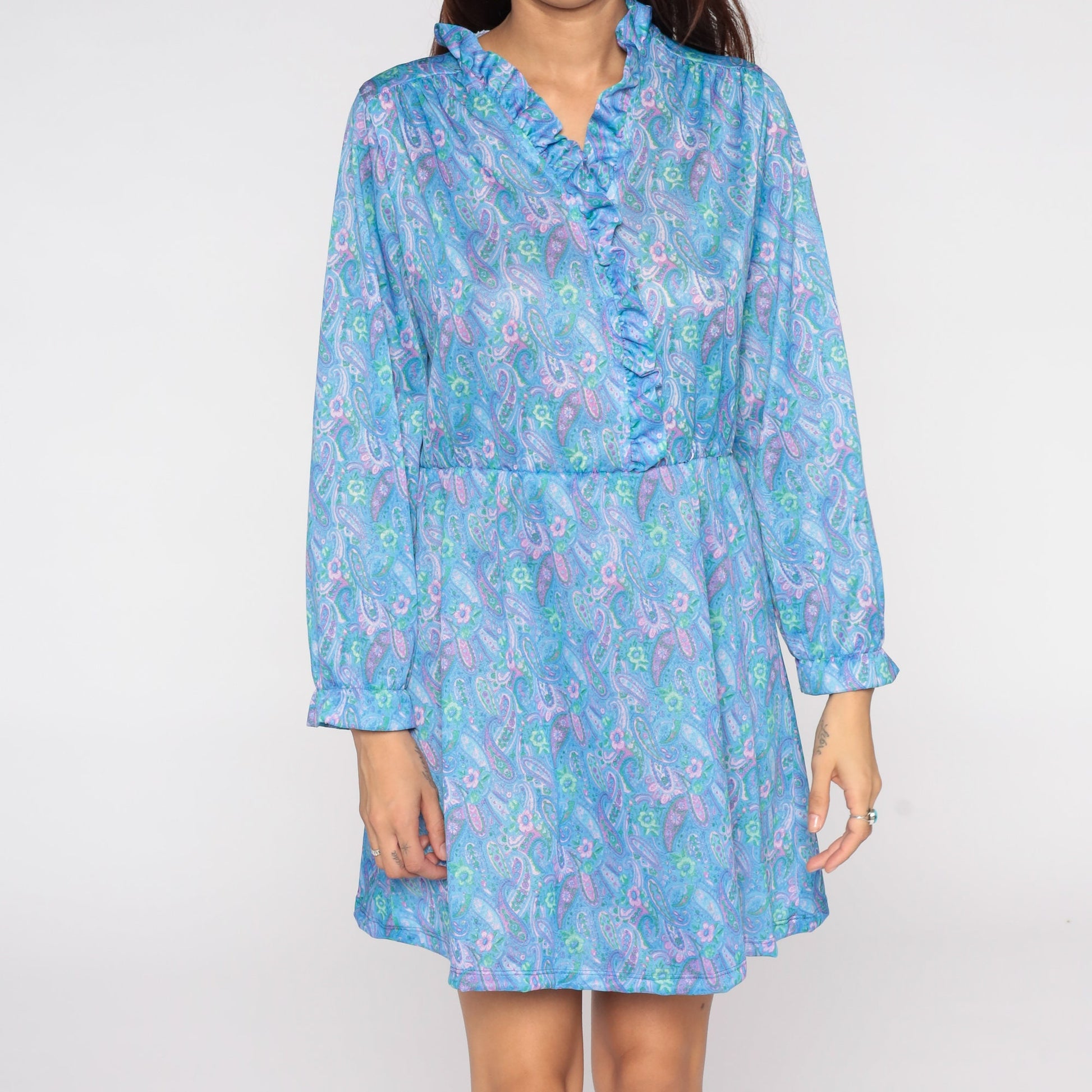 80s Blue Paisley Print Mini Dress Long Sleeve High Waist Ruffle V Neck Medium